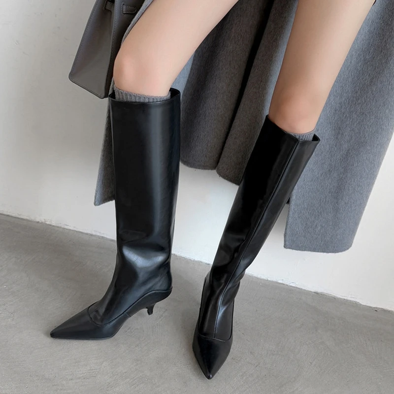 NEUE Herbst Frauen Stiefel Split Leder Schuhe für Frauen Spitz Dünne Ferse Schuhe Slip-on Knie-hohe Stiefel mode Western Stiefel