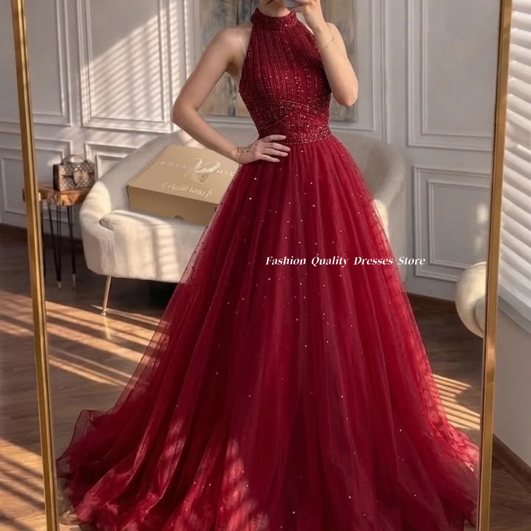 Evening Dress Burgundy Halter Beaded Bodice Tulle A Line Gown Floor Length Wedding Guest Formal Evening Party Dress Customized