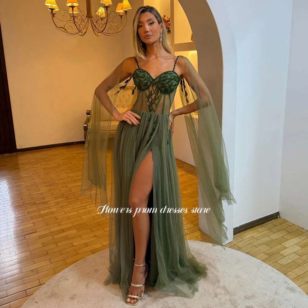 Flowers Green Evening Dress with Beads A Line Prom Dress with Flare Sleeve Formal Occasion Dress vestidos de fiesta Customized