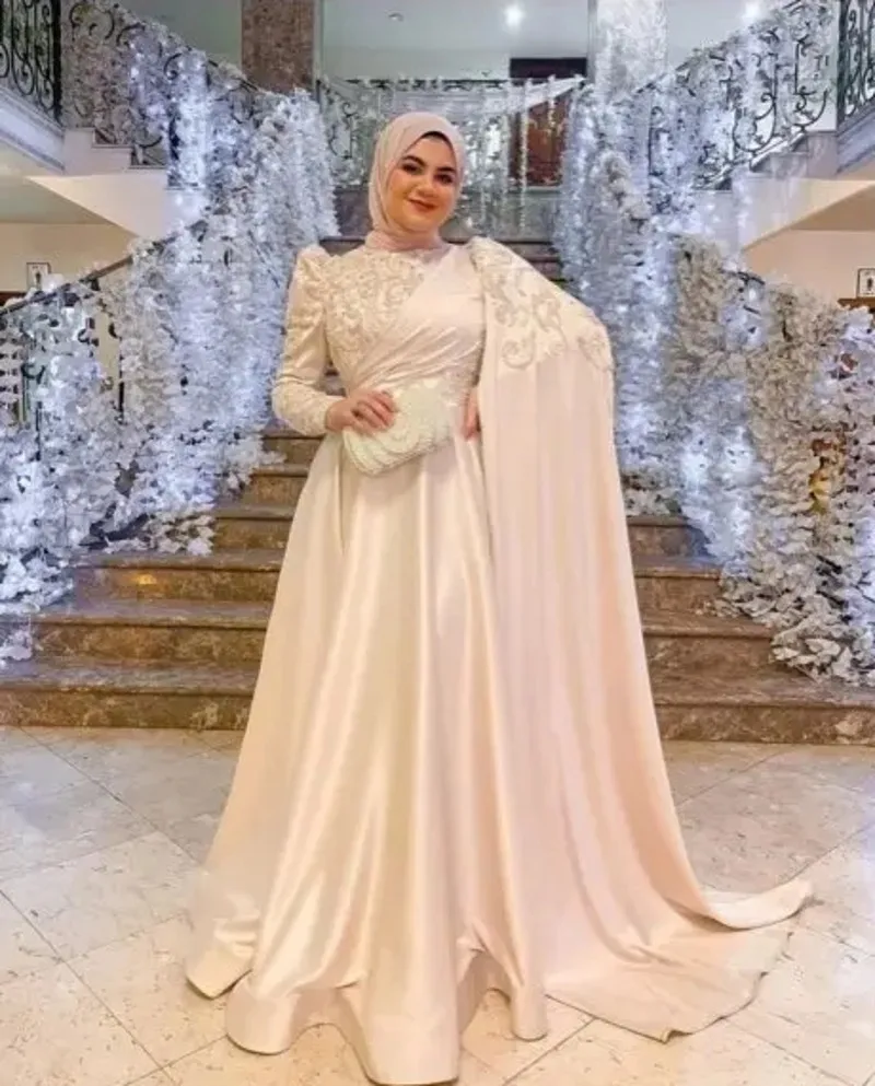 Funyue Customized Long Sleeve Muslim Evening Dresses Elegant Satin Beaded Lace Arabic Hijab Formal Party Dress