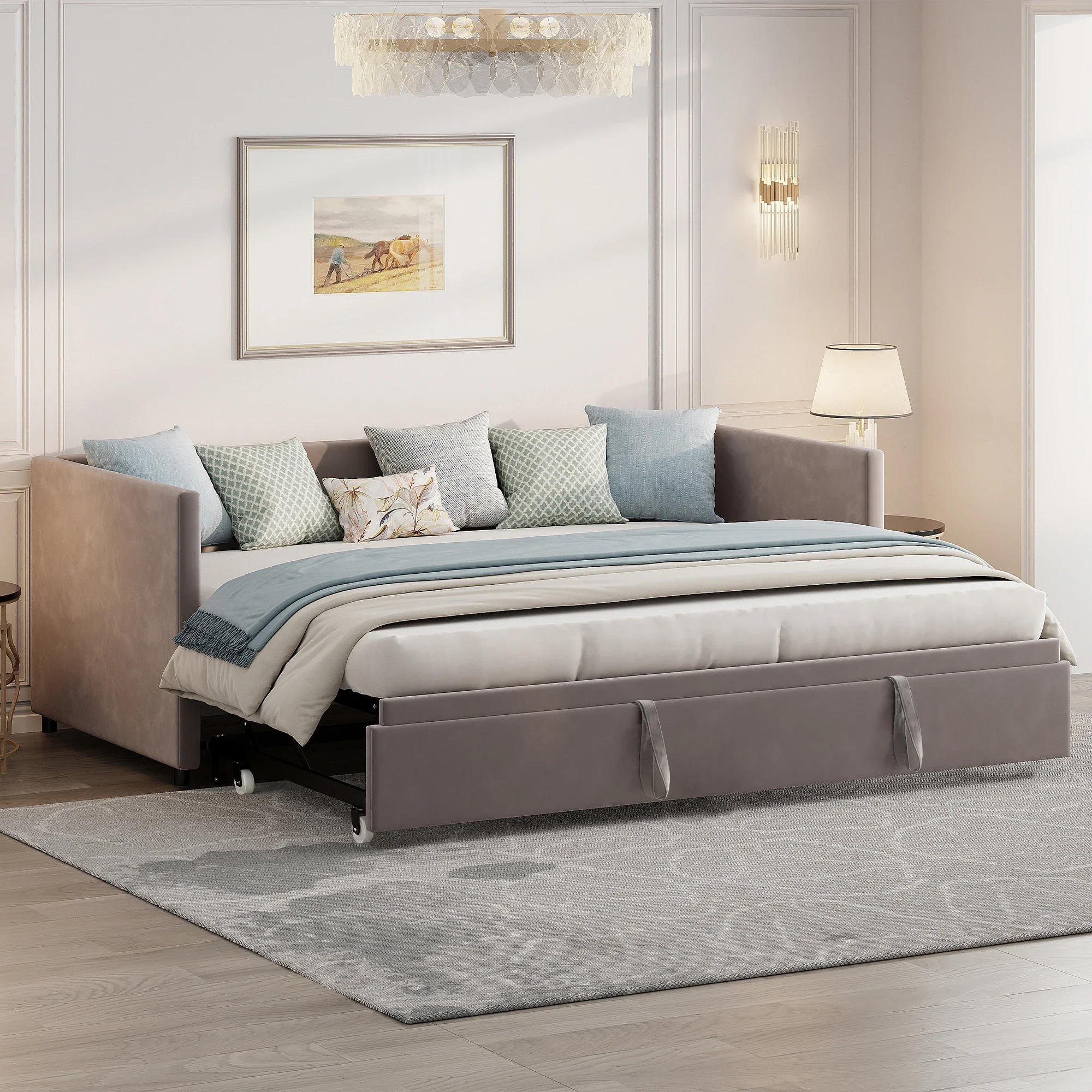 Rosahqnda Polsterbett 90/180x200 cm, ausziehbares Schlafsofa mit ausziehbarem Bett, Boden-Futon-Schlafsofa, 3-in-1-Convertible-Daybed mit Lattenrost, Schlafzimmermöbel, Doppelbett & Einzelbett, ohne Matratze, Samt, Grau & Beige, Matratze 90/180*200