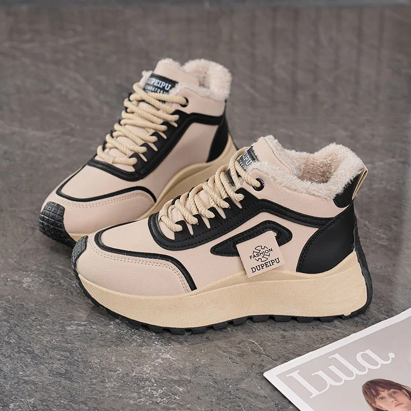 2025 Winter Neue Mode frauen High Top Fleece Gefüttert Papa Schuhe Casual Dicken Boden Koreanischen Stil Student Freizeit Weiße turnschuhe