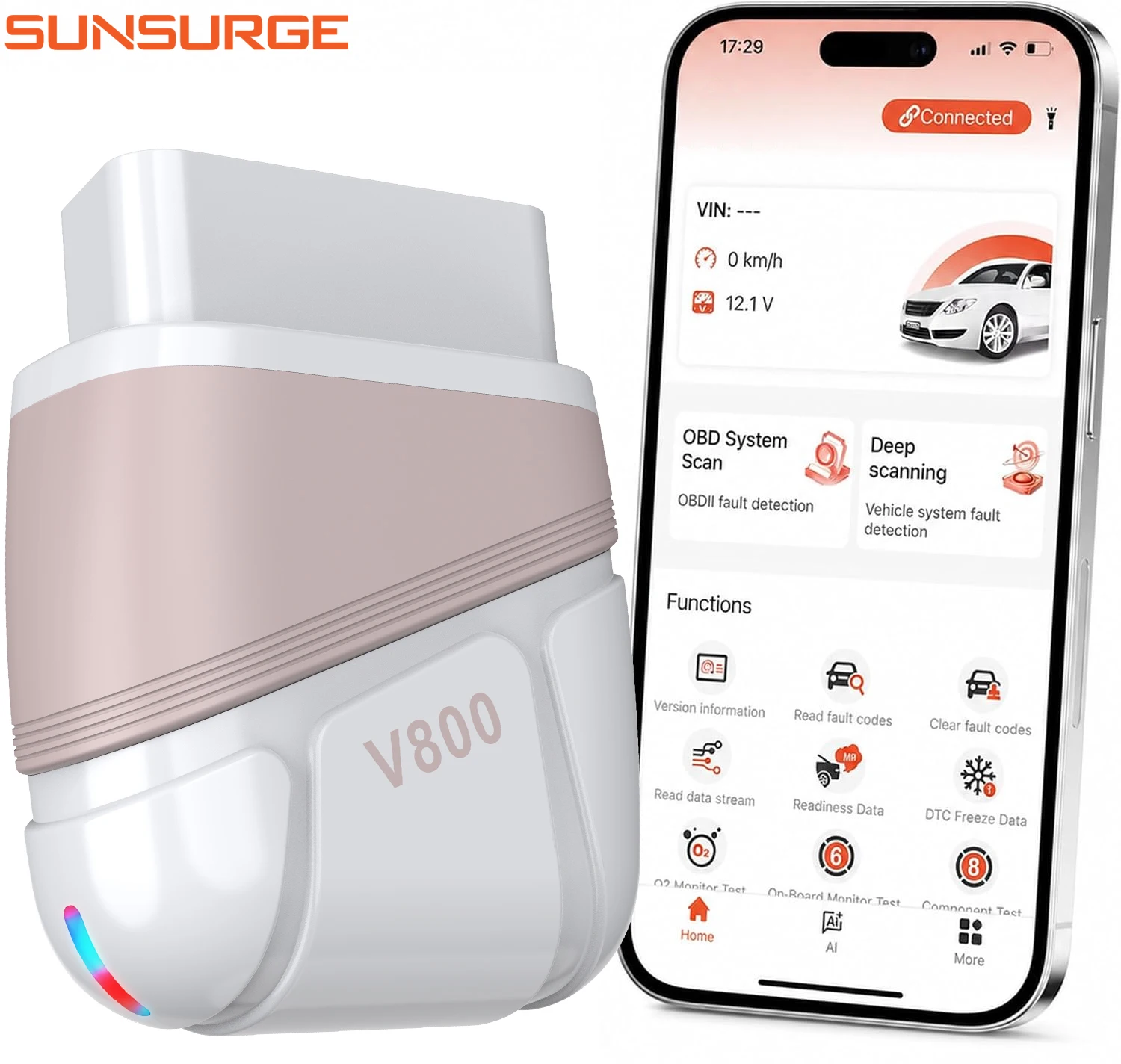Sunsurge V800 OBD2-Scanner zur Motordiagnose, Autozubehör, schnelle Fehlercode-Löschung, Motorcode-Lesegerät mit Datenstrom-Test für iOS, Android, Windows, Auto-Diagnosewerkzeug
