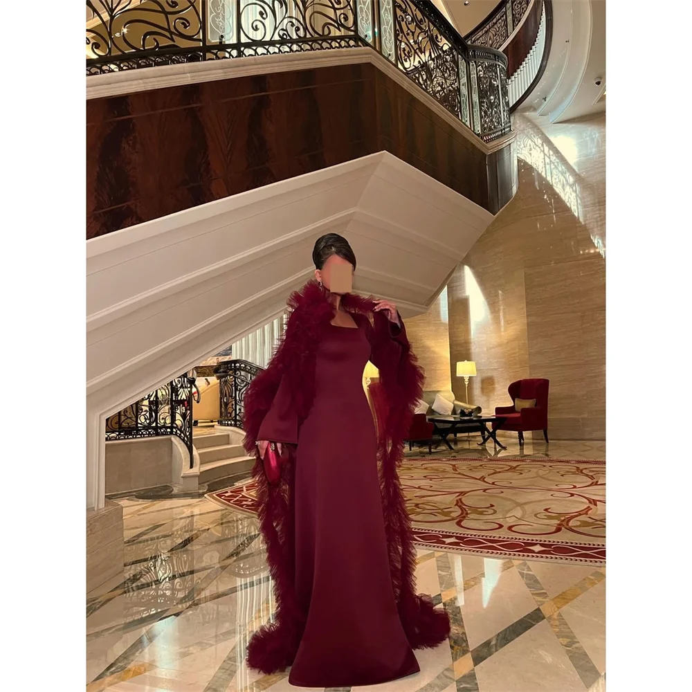 Aileen Satin Square Collar burgundy Straight Evening Dress 2026 Prom Dress Beautiful Feathers Customized Robes de Soirée