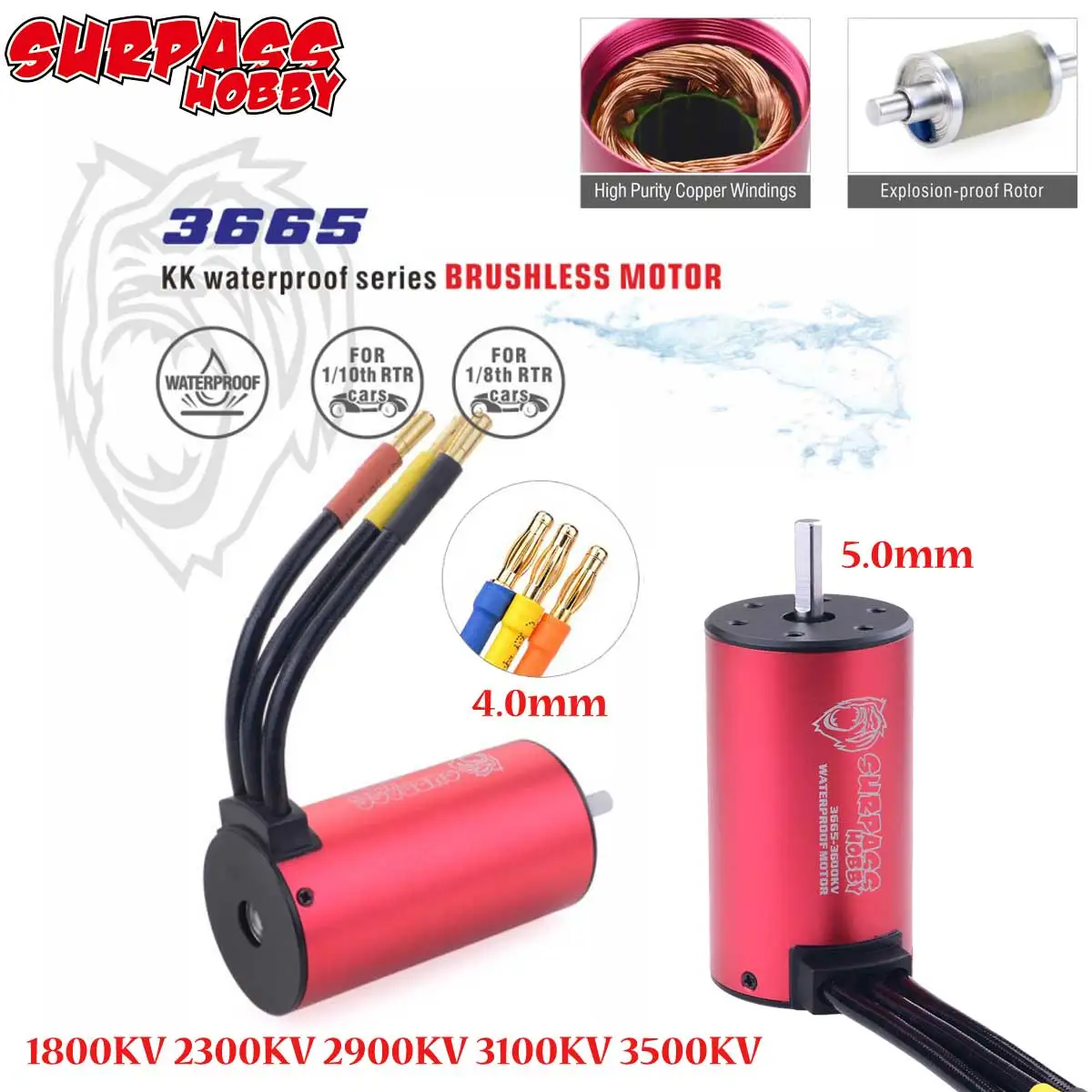 Surpass Hobby KK 3665 Waterproof Brushless Motor 1800/2300/2900/3100/3500KV for 1/8 1/10 RC Car Drift Racing Off-Road Truck