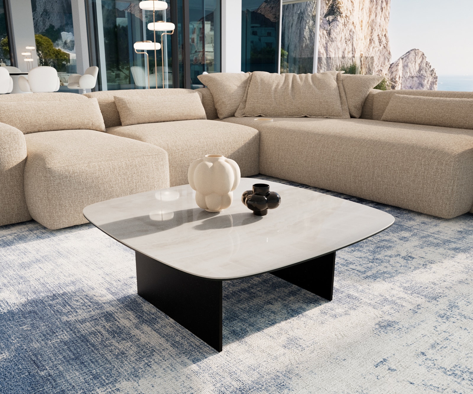 DELIFE Couchtisch Edge Boot 90x90 cm Keramik Onyx Champagne Salto Metall Schwarz, Couchtische