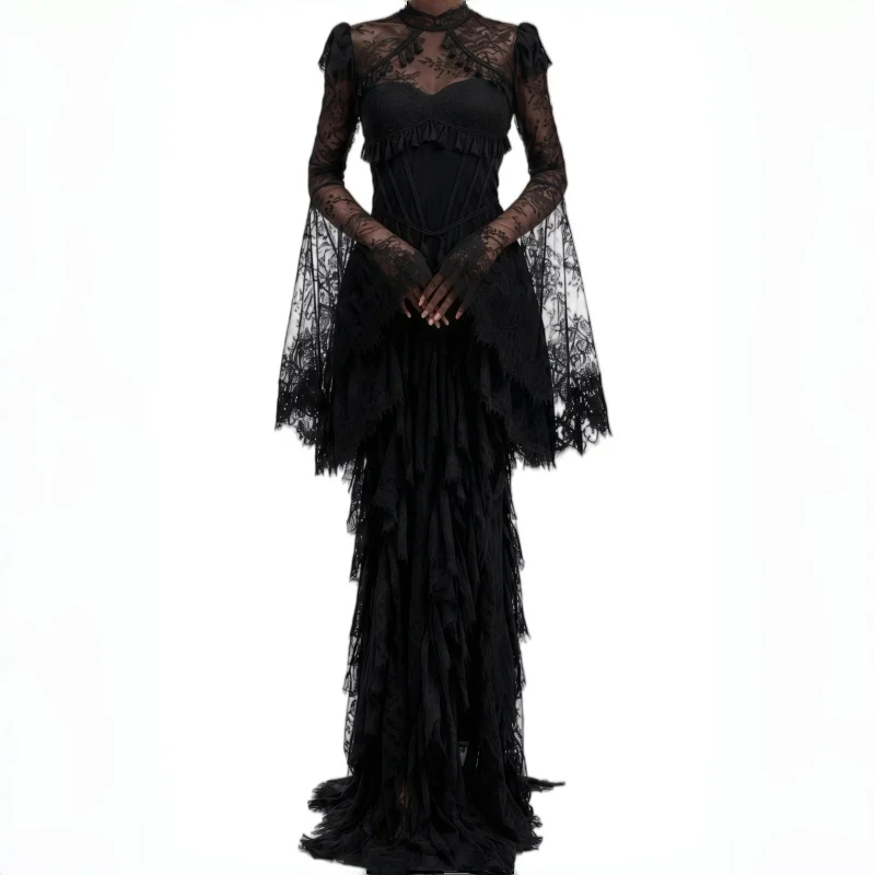 Lace High Black Mermaid Formal Evening Gown Gothic Victorian Aesthetic Neck Sheer Illusion Modest Evening Wear Customized