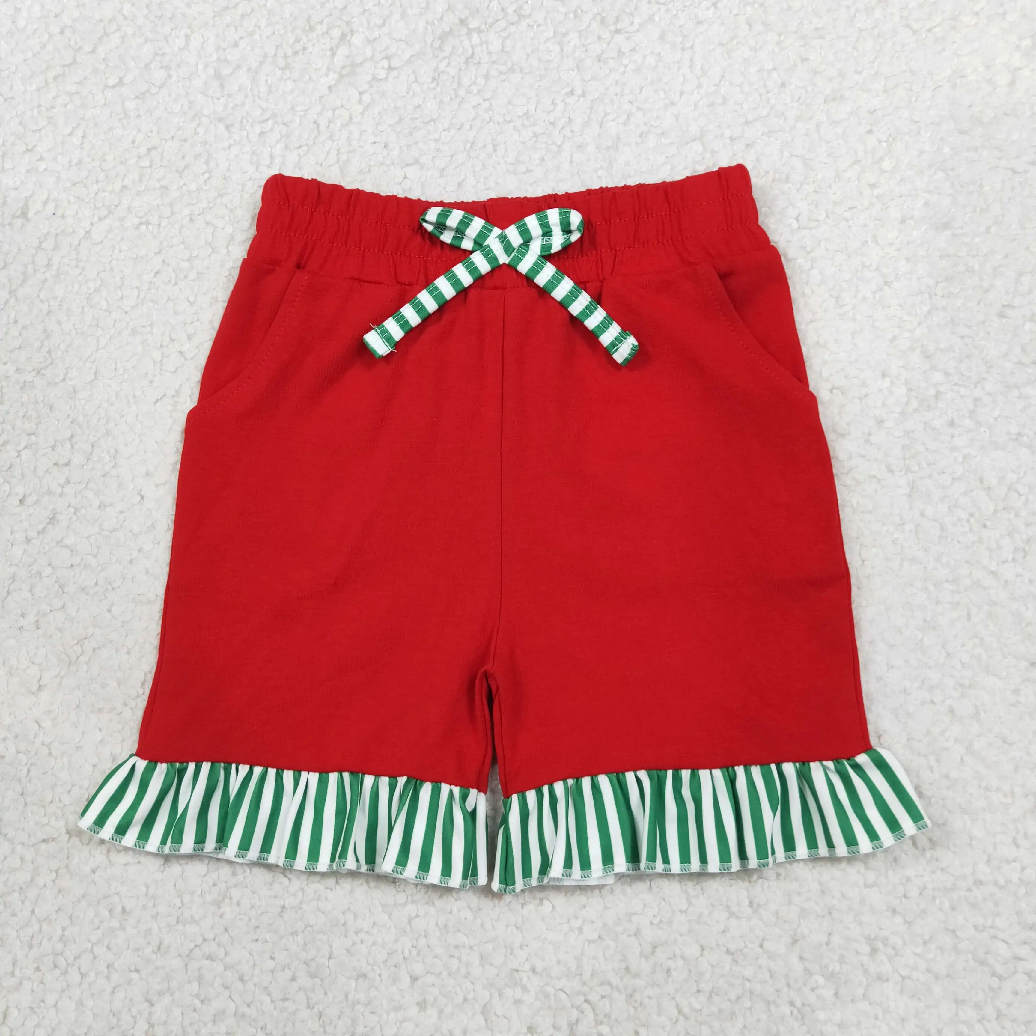 Vêtements pour filles en gros, vêtements rouges pour enfants, vêtements pour bébés filles, shorts à rayures et à volants avec poches, vêtements pour tout-petits et nourrissons.