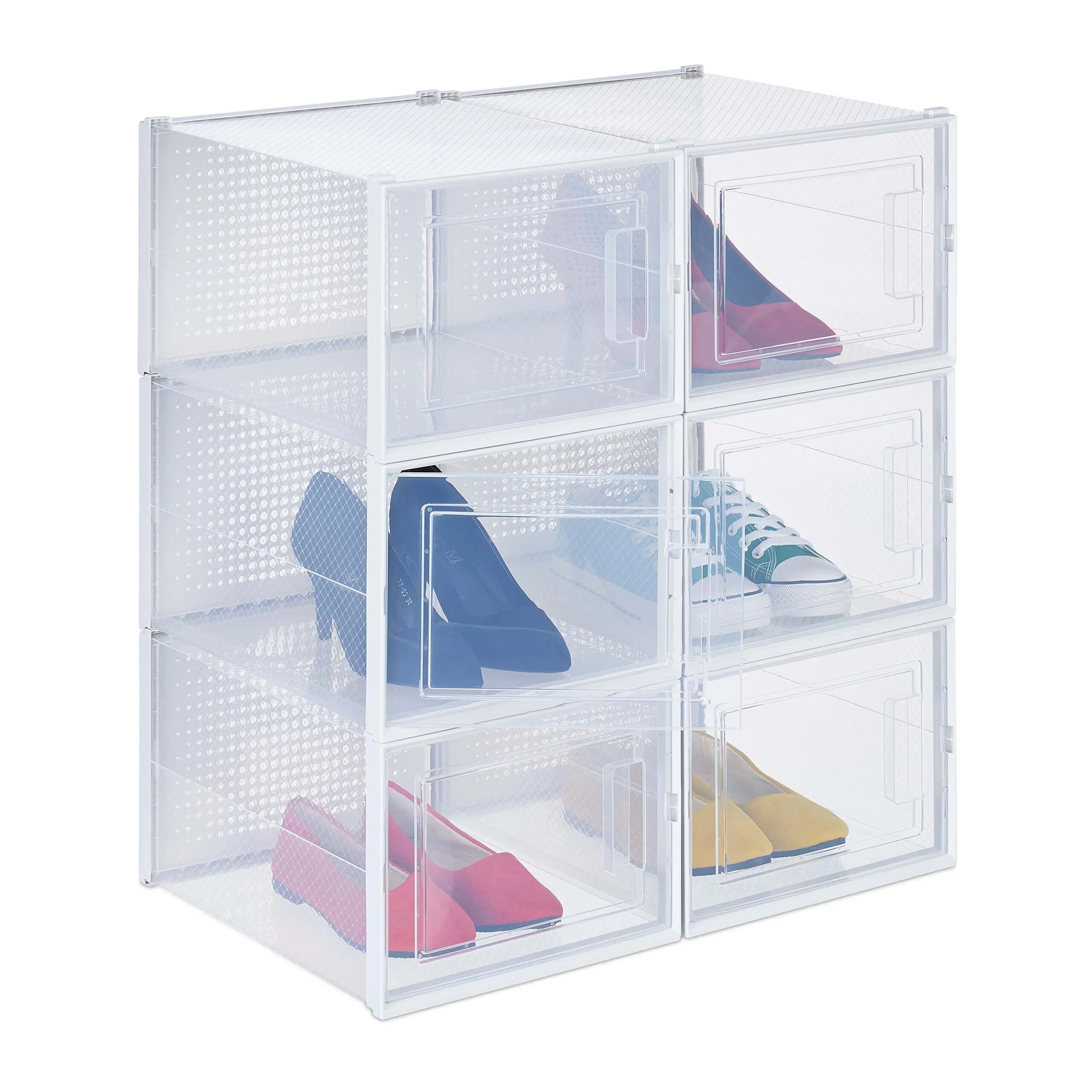 Schuhboxen 6er Pack, mit Tür, für Schuhe bis Größe 48, stapelbar, transparente Kunststoffboxen, mit Lüftungsschlitzen, 21 x 28 x 36 cm, Relaxdays