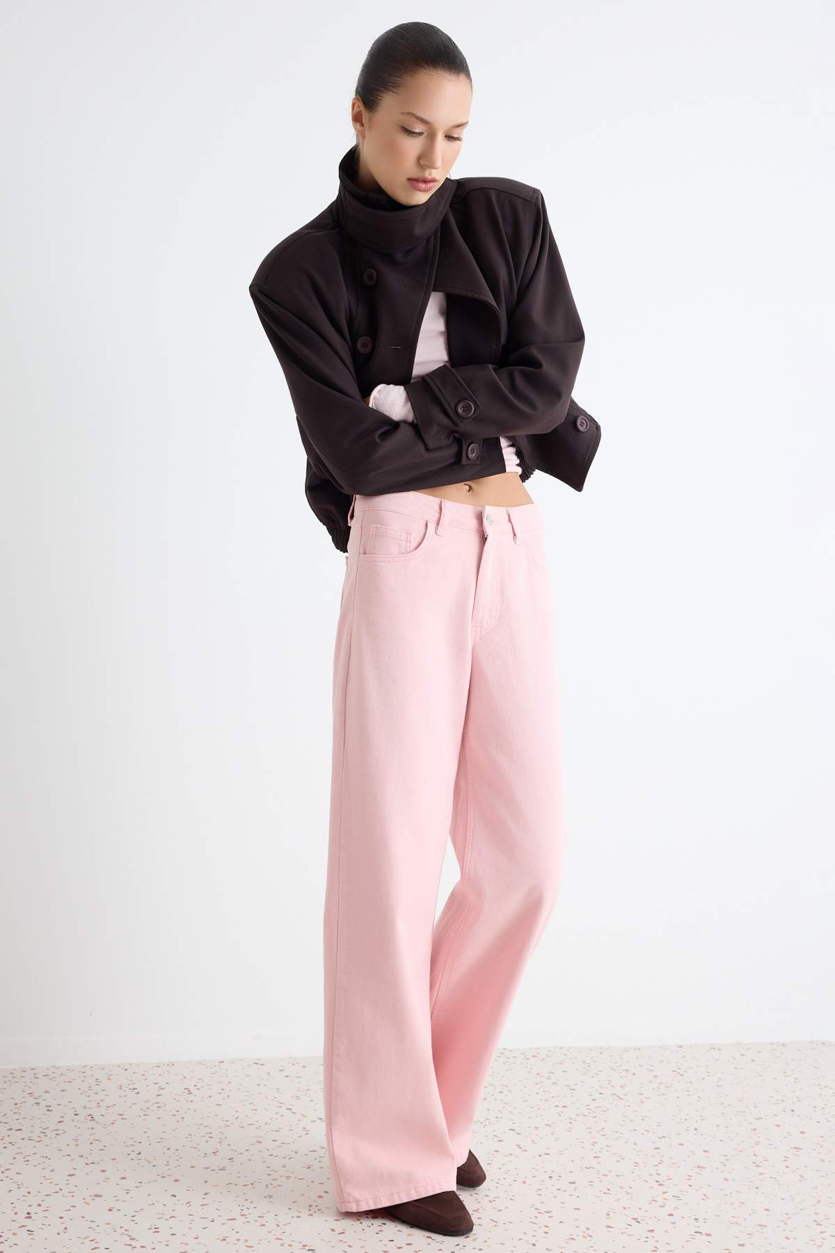 TRENDYOLMİLLA Damen Rosa Einfarbig Weites Bein Hohe Taille Jeans