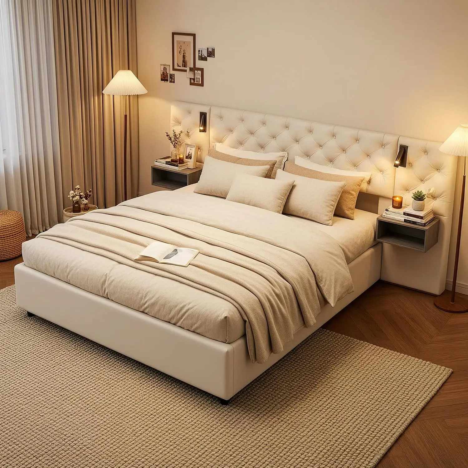 Bett mit Nachttischen, Schlafzimmer-Set, 160 x 200 cm, gepolstertes Bett mit Leselampe und USB-Anschluss, hydraulisches Doppelbett mit Stauraum, Bettgestell mit Holzlattenrost, Weiß (140 x 200 cm)