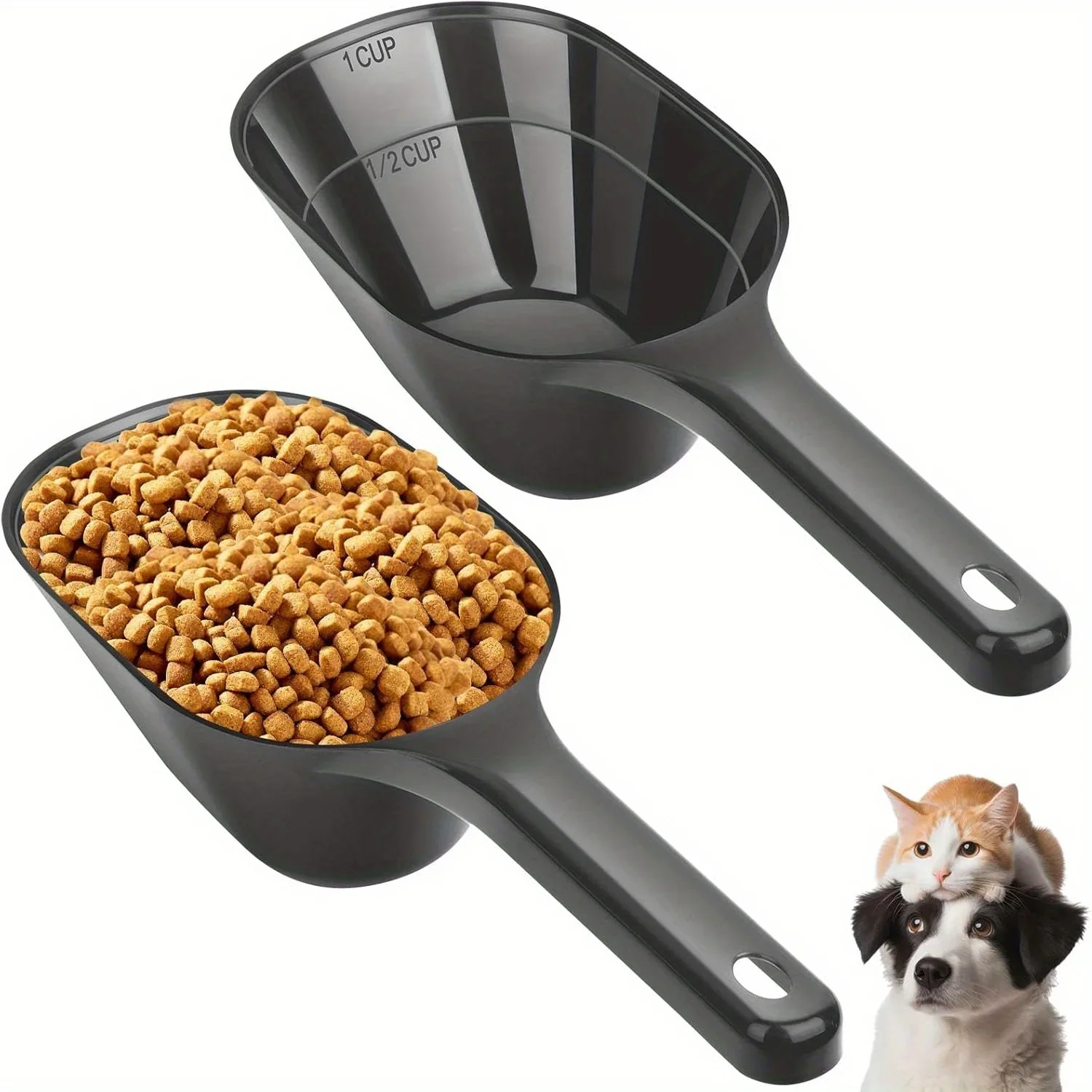 Lot de 2 cuillères à nourriture pour chiens en plastique avec graduations, 1/2 tasse et 1 tasse, cuillère à nourriture pour animaux de compagnie pour aliments secs, croquettes et friandises pour