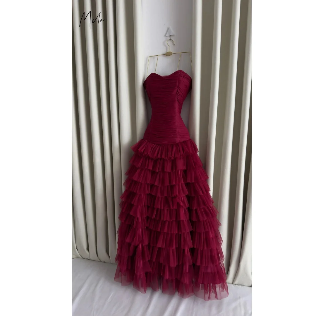 Mila Burgundy Strapless Prom Dresses Tiered Tulle Skirt vestidos de gala Customized Formal Evening Elegant Gown for Special