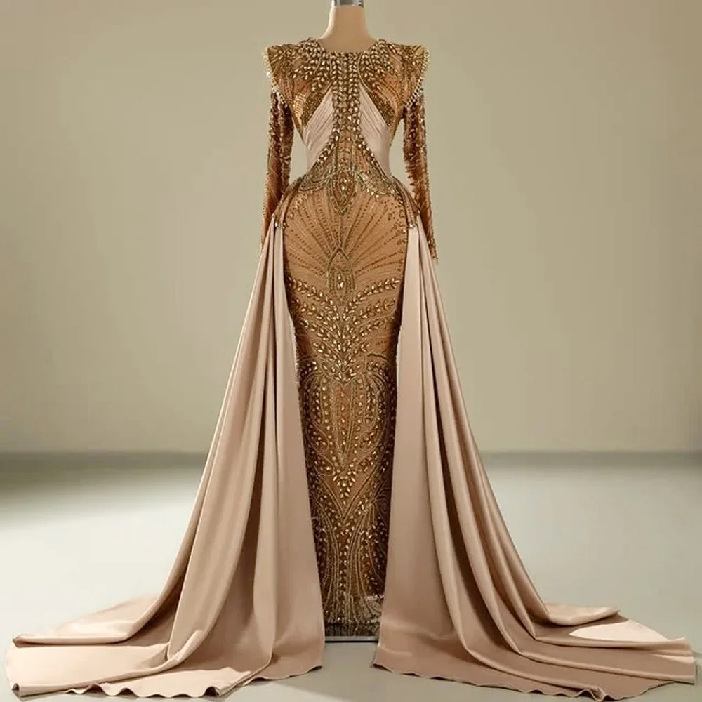 Brown Vintage Evening Gown Luxurious Rhinestone Tulle Gown Satin Train Cocktail Party Dress Formal Dress High End Bespoke Dress