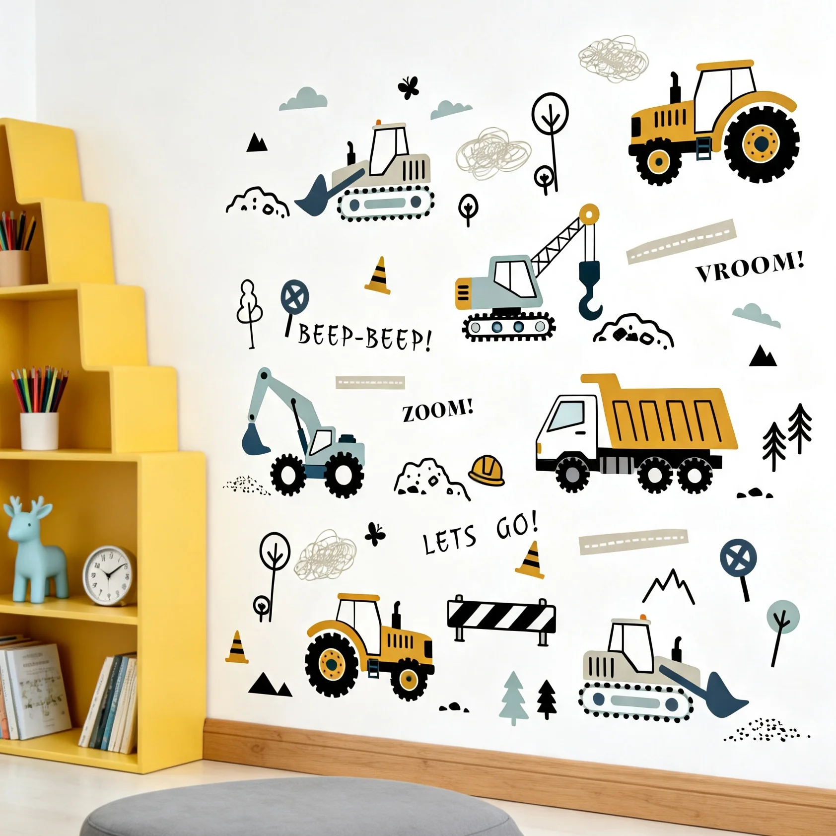 Cartoon-Wandsticker mit Baufahrzeugen: Bagger, Kran, Traktor, Muldenkipper, Verkehrsschild, Baum – abnehmbare Wanddekoration für Jungenzimmer.