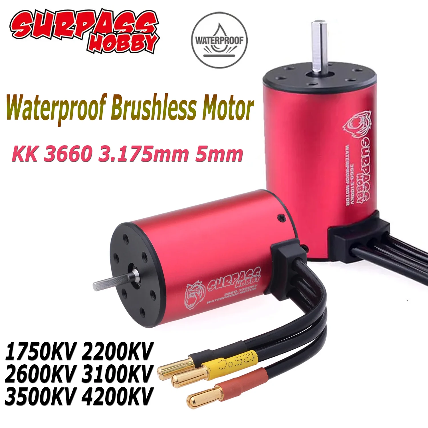 SURPASS HOBBY KK 3660 3.175mm 5mm 1750KV 2200KV 2600KV 3100KV 3500KV 4200KV Waterproof Brushless Motor for 1:10 RC Car DIY Parts