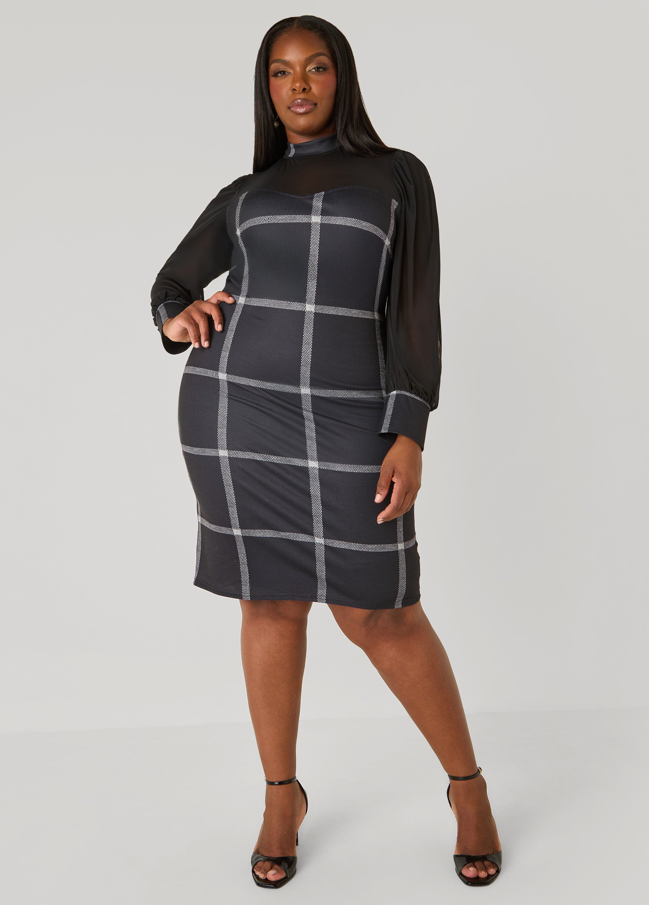 Plus Size Mesh Paneled Plaid Sheath Dress