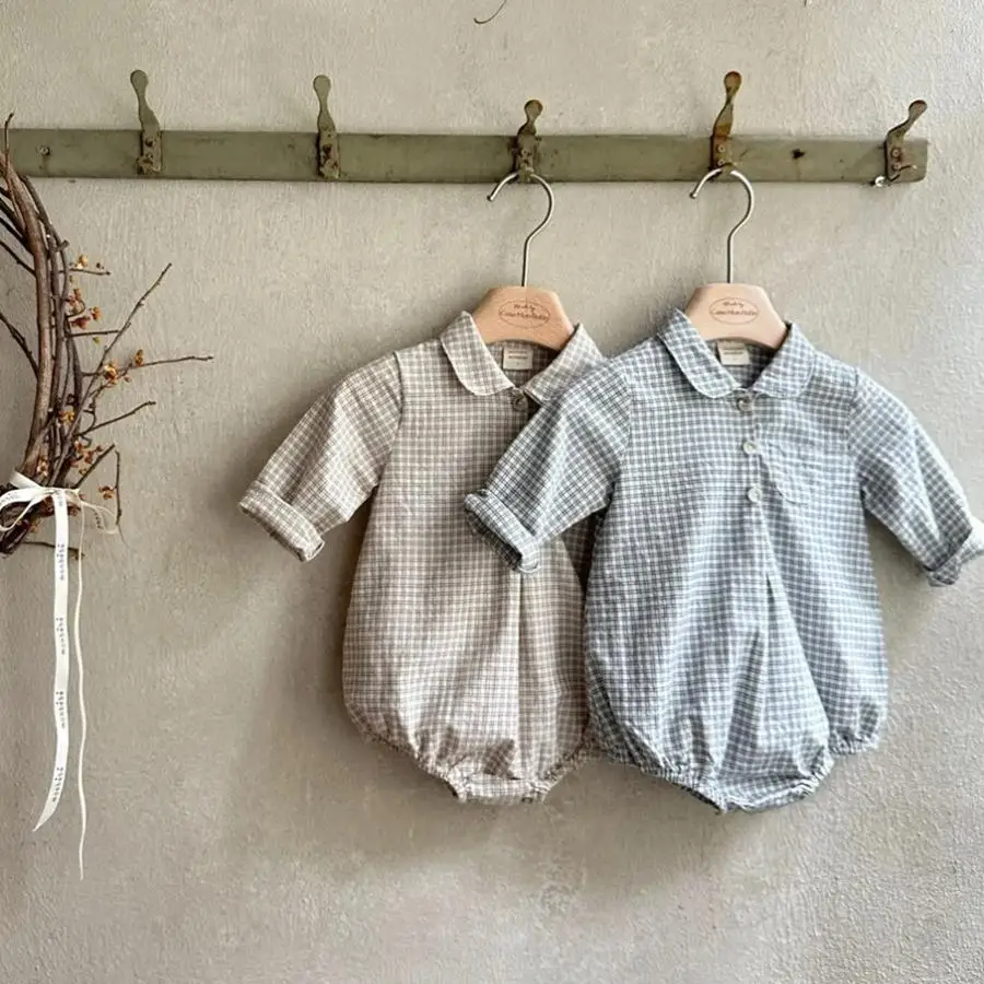 Vêtements pour bébés garçons et filles, barboteuse à carreaux, manches longues, body pour nourrissons, vêtements pour nouveau-nés avec poches