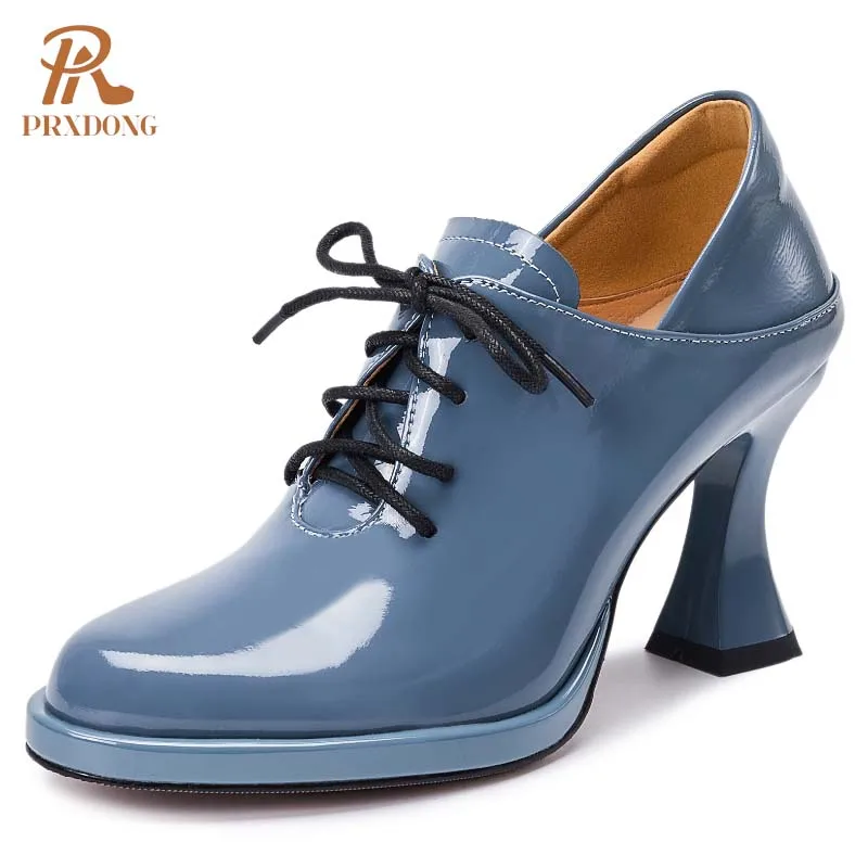 PRXDONG Neue Mode Aus Echtem Leder Frauen Schuhe High Heels Plattform Schwarz Blau Lace Up Kleid Party Büro Dame Pumpen Größe 34-39