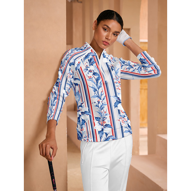 Women's Golf Pullover Sweatshirt BlueWhite Long Sleeve Top Ladies Golf Attire Clothes Outfits Wear Apparel