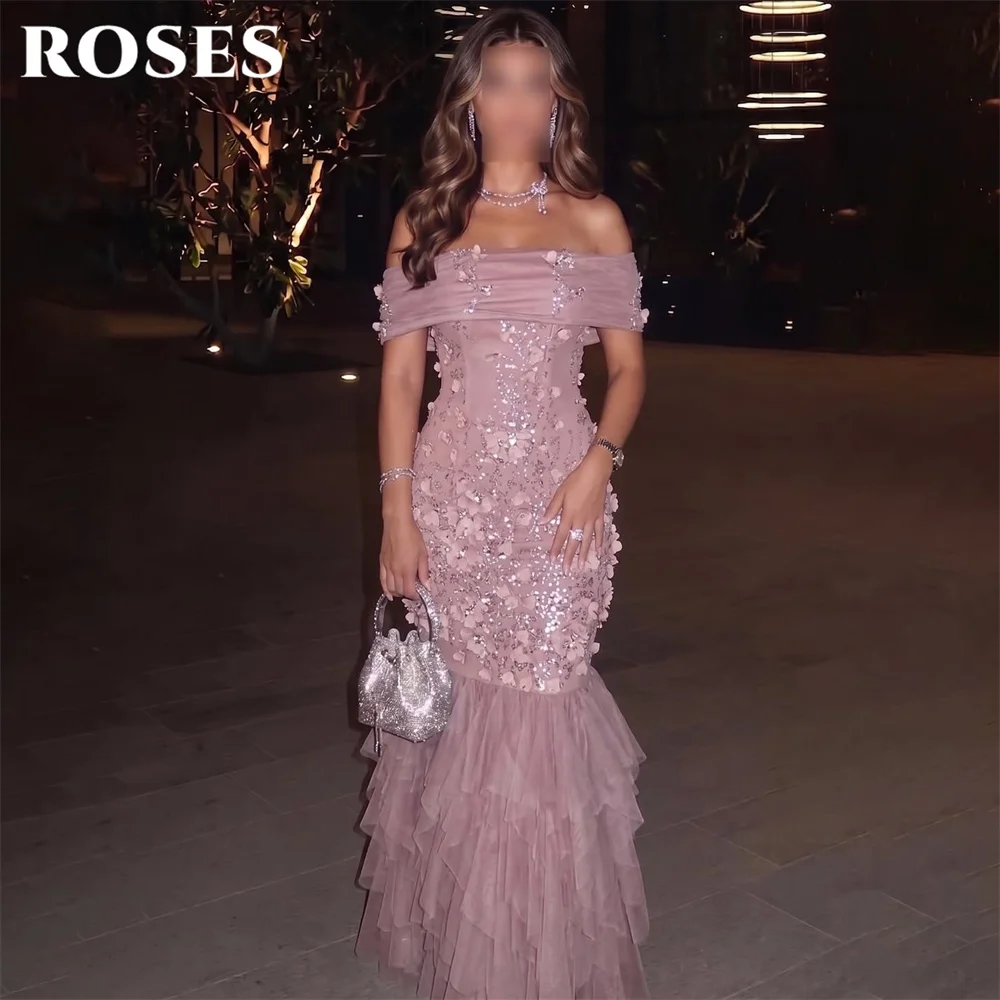ROSES Pink Tulle Party Dresses Off the Shoulder Evening Dresses with Flowers Party Gown Mermaid Prom Gown for Women Customized