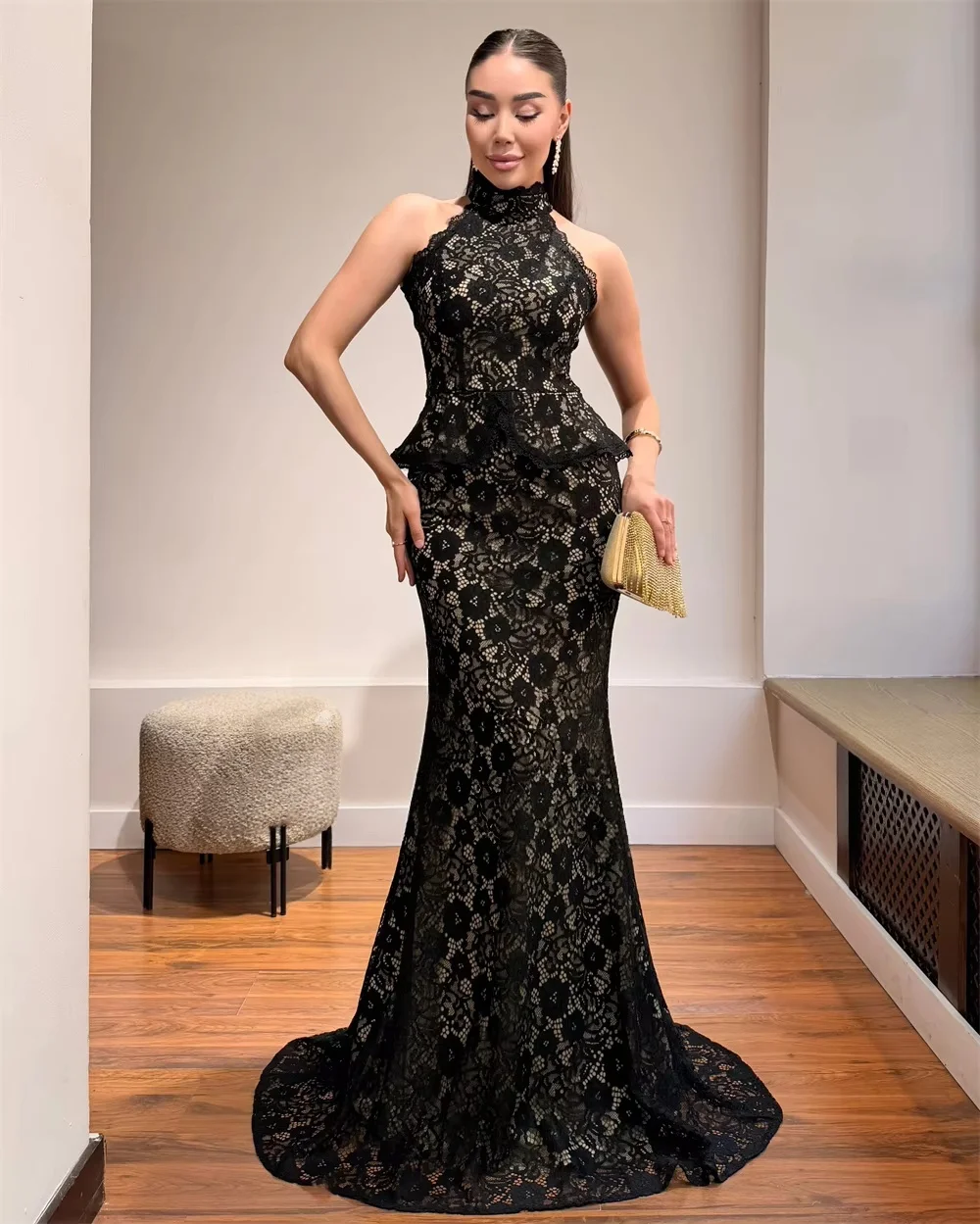 Black Halter Lace Long Bespoke Occasion Gown Evening Dresses Pastrol Unisex Jersey Retro Dubai Saudi Arabic Prom Customized