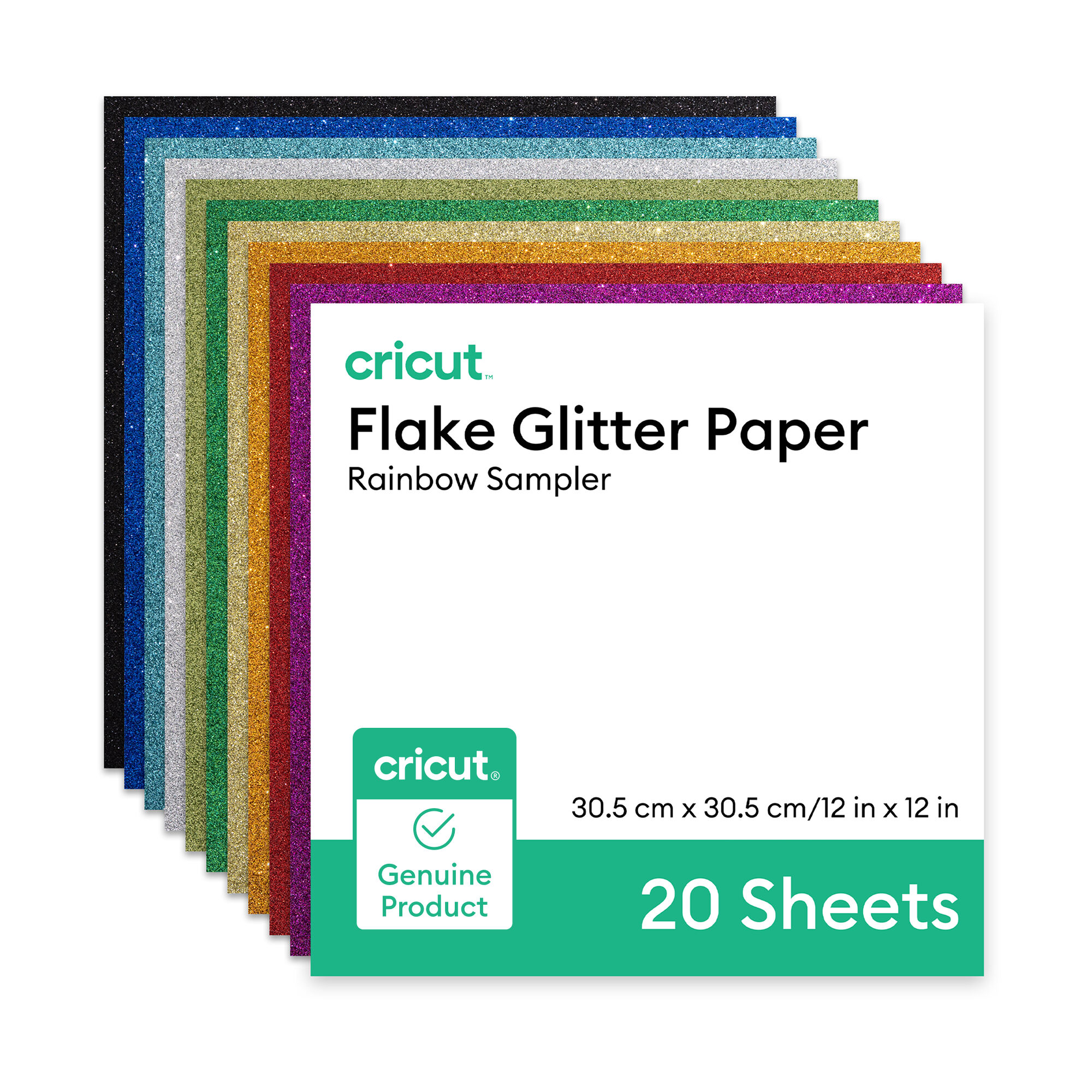 Cricut Flake Glitter Paper | Rainbow Sampler | 12 in x 12 in | 20 Count