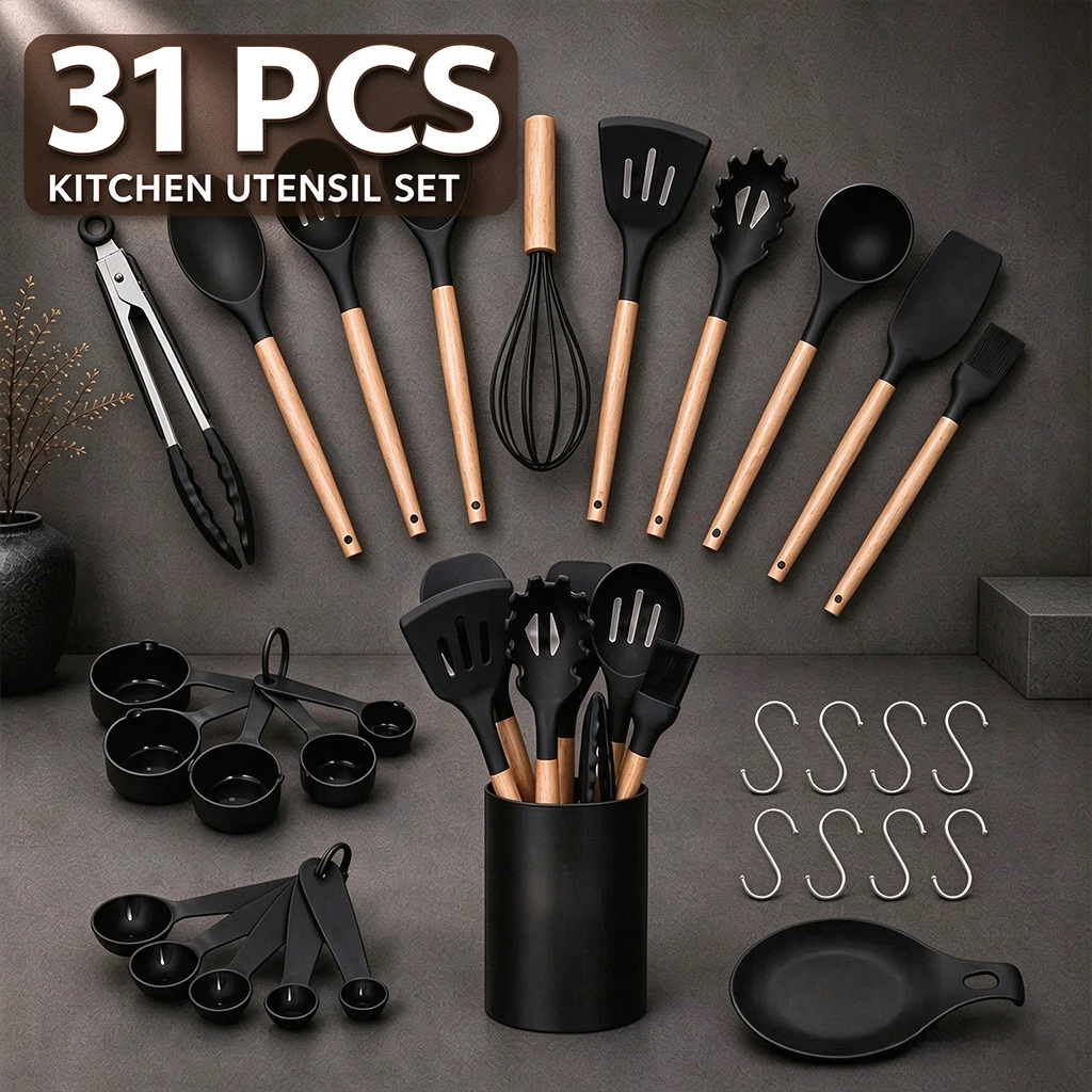 31Pcs Black Silicone Kitchen Utensil Set With Holder, Heat Resistant Non-Stick Cooking Tools, Spatula Whisk Tongs For Home Kitchen Essentials
