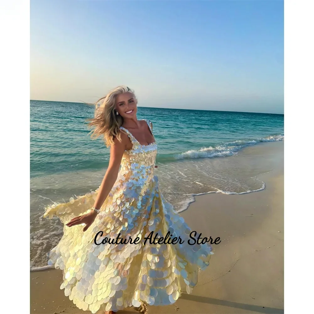 Customized Spaghetti Strap Flowy A-line Sequin Prom dresses Evening dress Square neck Romantic Party dresses Maxi dress