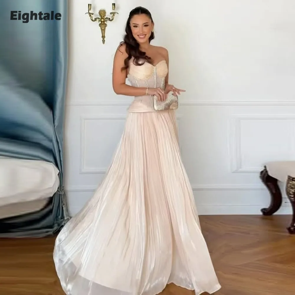 Eightale Champagne Evening Dresses Customized Sweetheart Beaded Pleats Floor Length A-Line Prom Party Gown Vestido De Fiesta