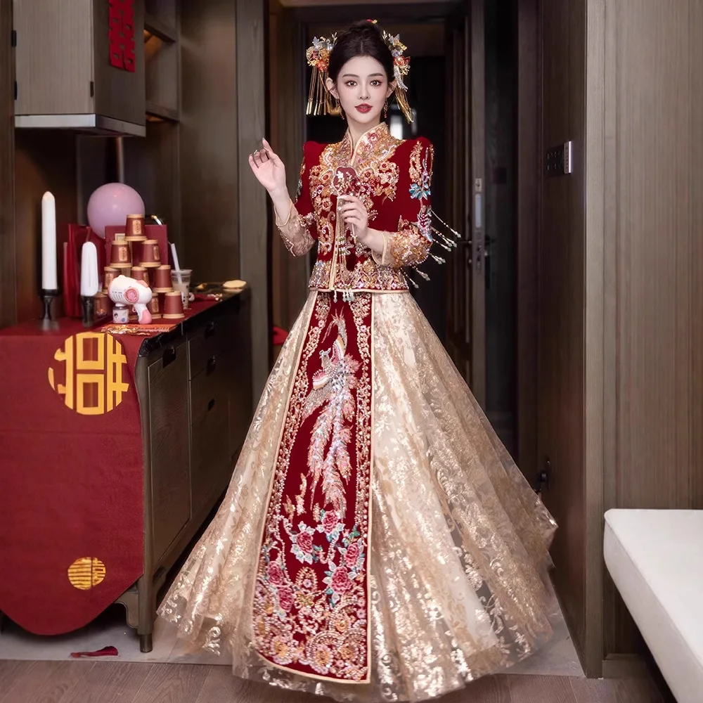 Xiuhe Wedding Dress New Model High-end Bridal Wedding Toast Dress Chinese Style Wedding Gown Velvet Xiuhe Dress
