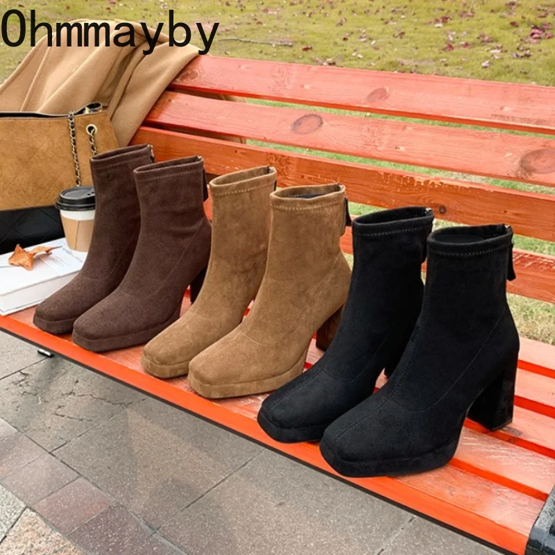 Damen-Stiefeletten mit Stretch-Material, quadratischer Zehenpartie, Plateausohle, klobigem Absatz, Reißverschluss hinten, kurze Stiefeletten, Herbst/Winter, elegantes Damenmode-Schuhwerk.