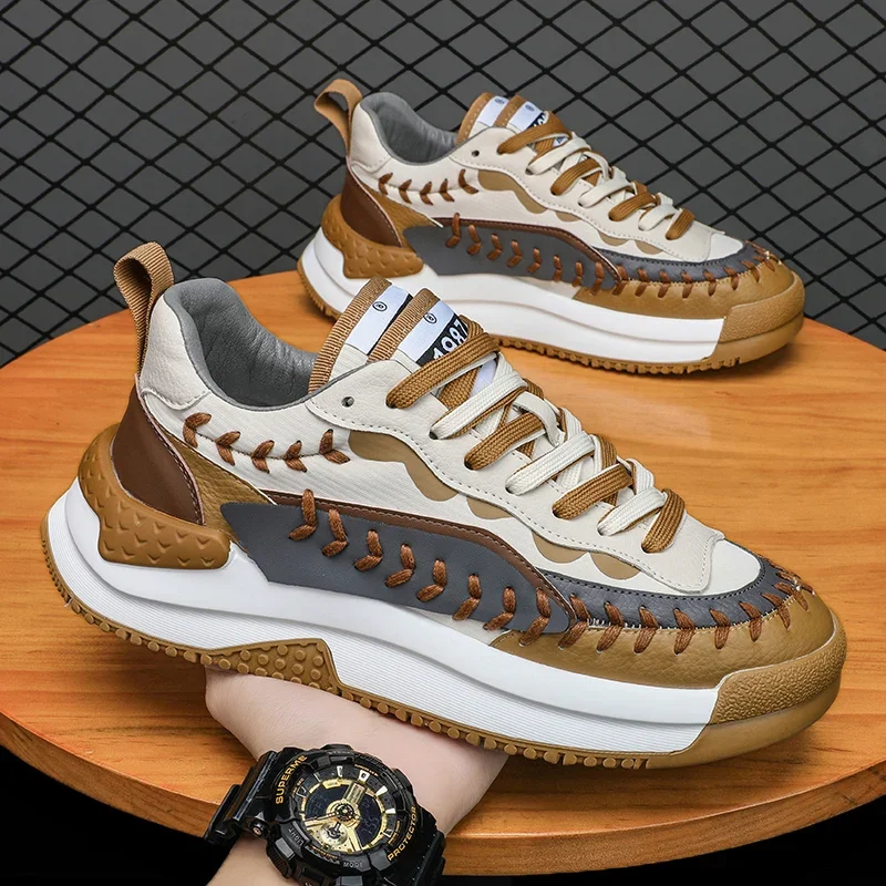 Herrenschuhe, Freizeitschuhe für Herren, Mikrofaser, rutschfeste Sportschuhe, Herren-Sneaker, strapazierfähig, leicht, braun, Vintage-Stil.