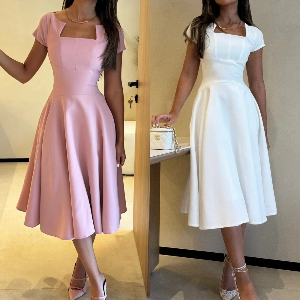 Customized Simple Classic Jersey Pleat A-line Square Neck Midi Dresses Prom Dresses High Quality Chinese Style Unisex Matching E