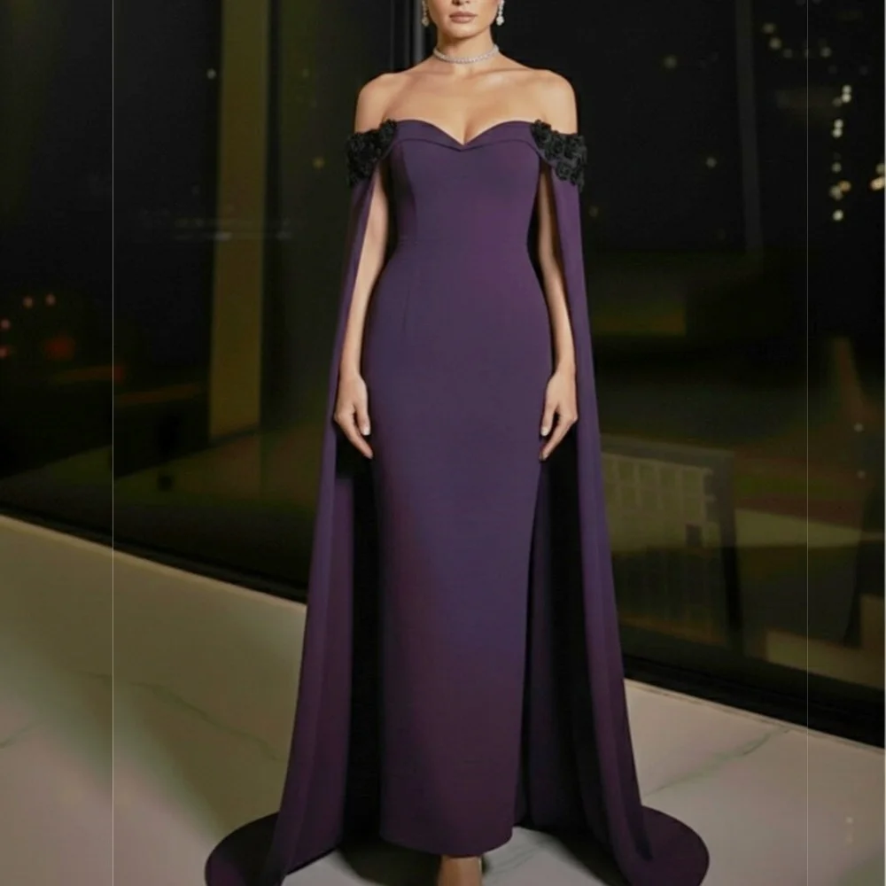 Customized Elegant Off-the-shoulder Long Shawl Straight Long Dresses Applique Flowers Evening Dress Bespoke Occasion Party Gown