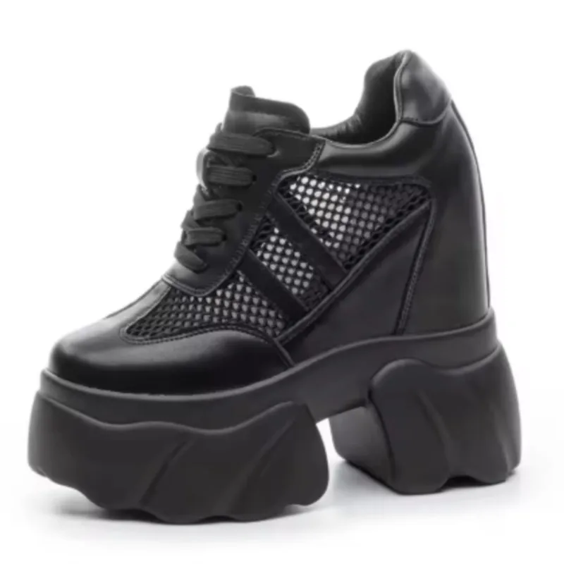Mesh-Schuhe für Damen mit Hohem Absatz 2026 Neu Atmungsaktiv 12cm Absatzhöhe Sommerschuhe mit Schnürung und Innerer Erhöhung Plateau-Damenschuhe