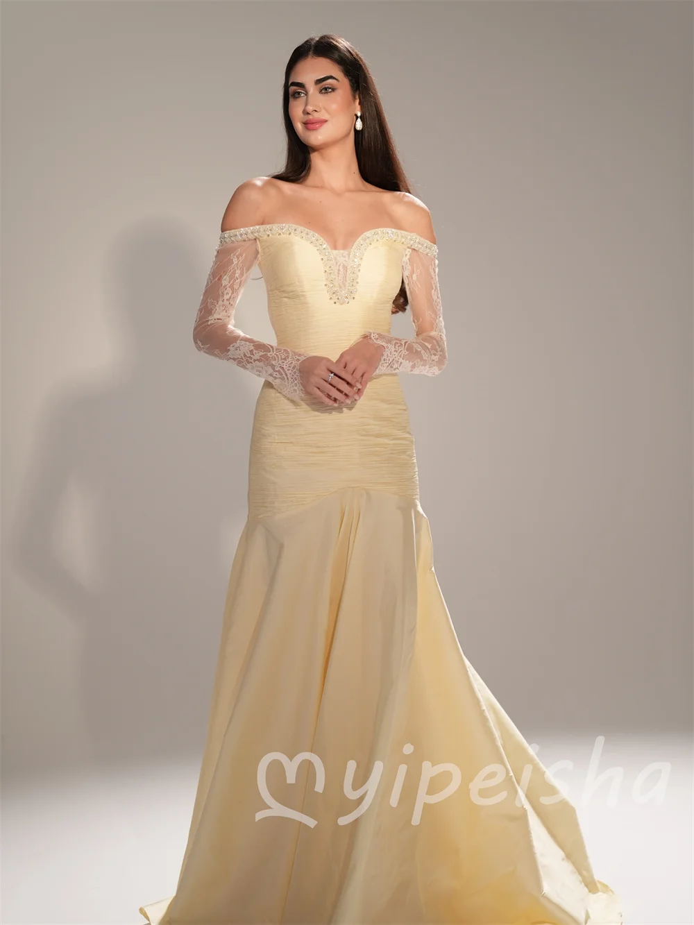 Women's Light Yellow Exquisite Elegant Charmeuse Beading Lace Sequined Mermaid Off-the-shoulder Floor-Length Evening Dresses