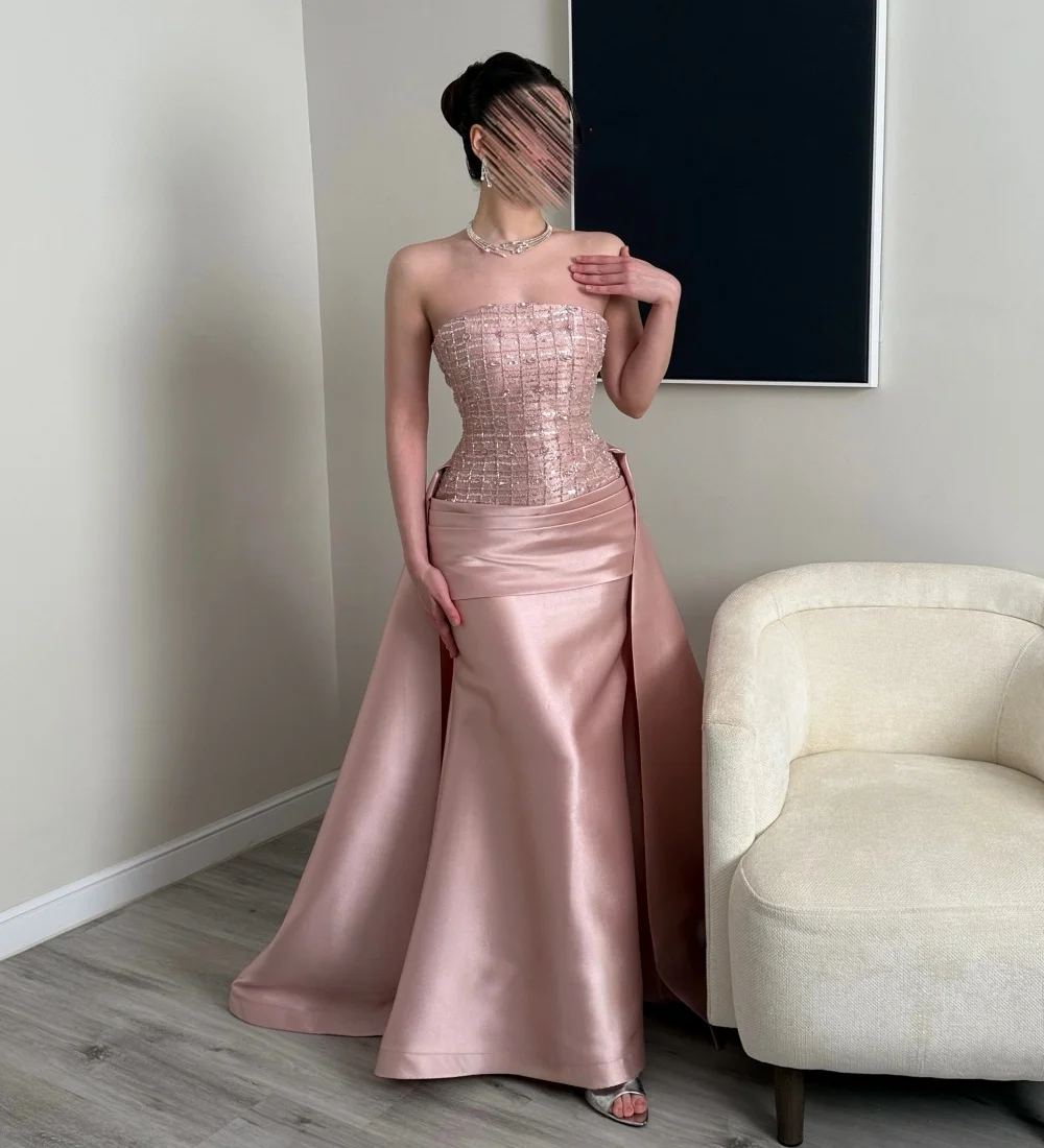 Customized Sparkle Charmeuse Pleat Sequined Pattern Trumpet Strapless Long Evening Dresses Luxury 2026 Chinese Style