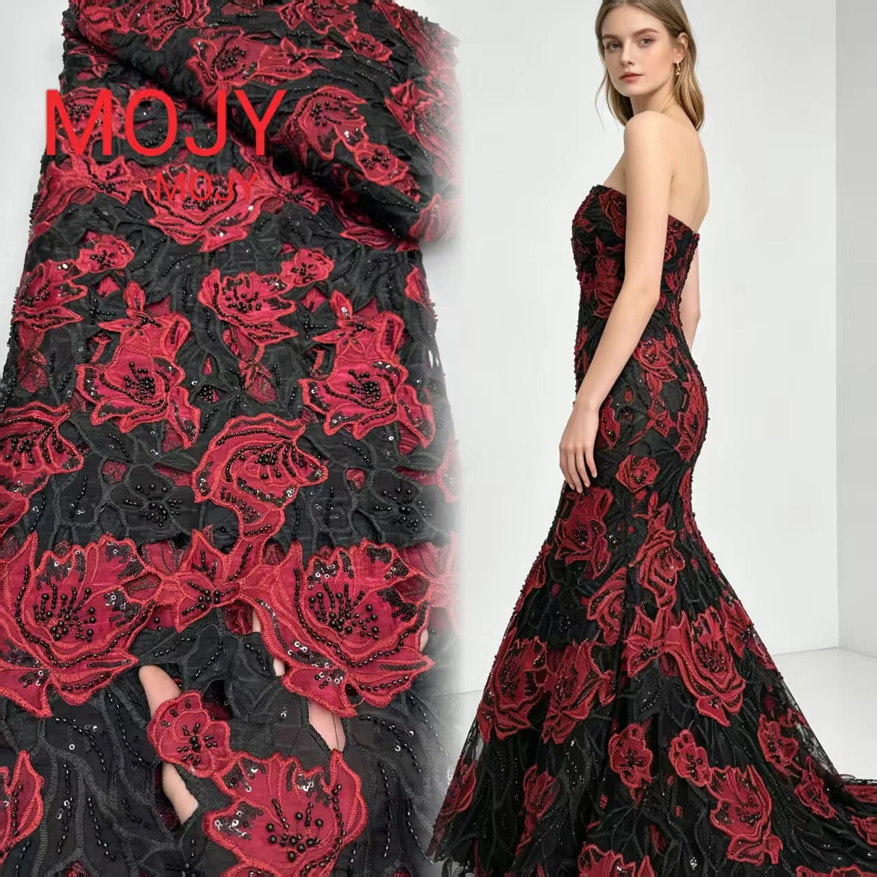 Black Mesh Red Rose 3D Floral Beaded Lace Fabric Heavy Embroidery Tulle Material For Mermaid Wedding Evening Party Dress