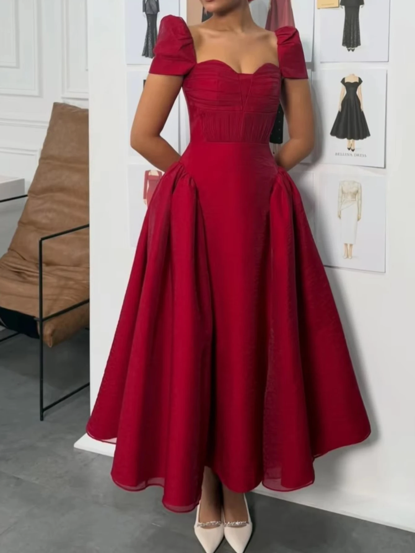 Customized Exquisite Red Sweetheart Neckline Short Sleeve Satin A-line Evening Dresses 2026 New Elegant Midi Length Prom Dress