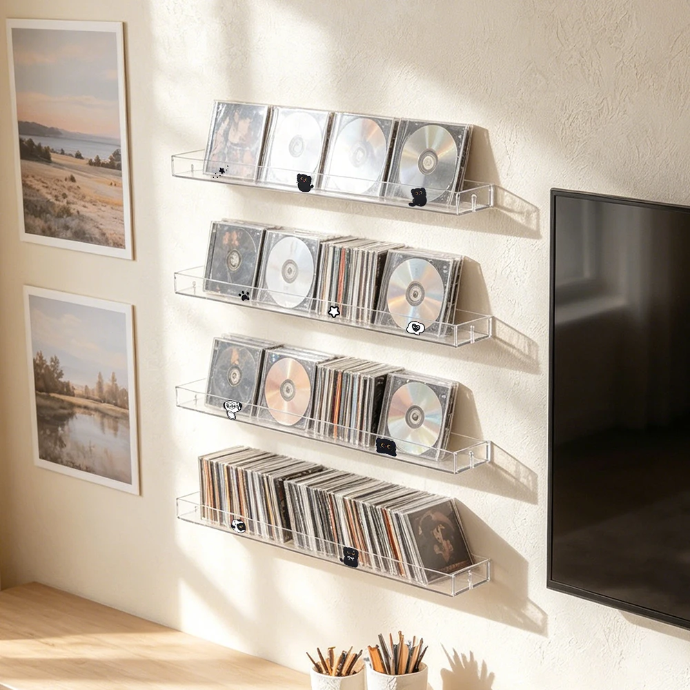 Lot de 4 étagères murales en acrylique pour CD, support flottant transparent pour albums en vinyle, albums, DVD, disques Blu-Ray, décoration murale pour la maison