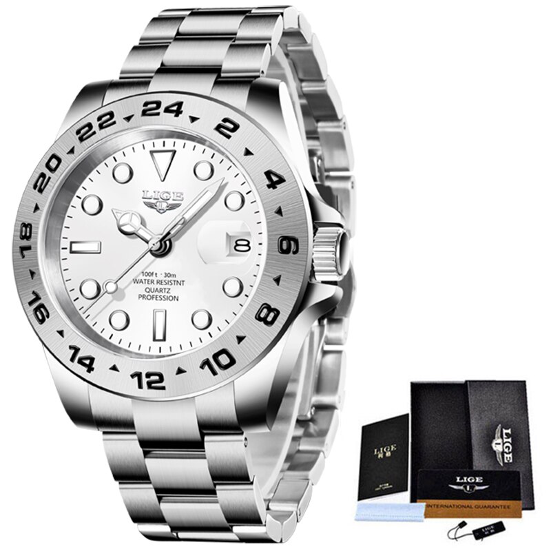 Stainless Steel Men Watch Waterproof Quartz Business Watch With Date silver White