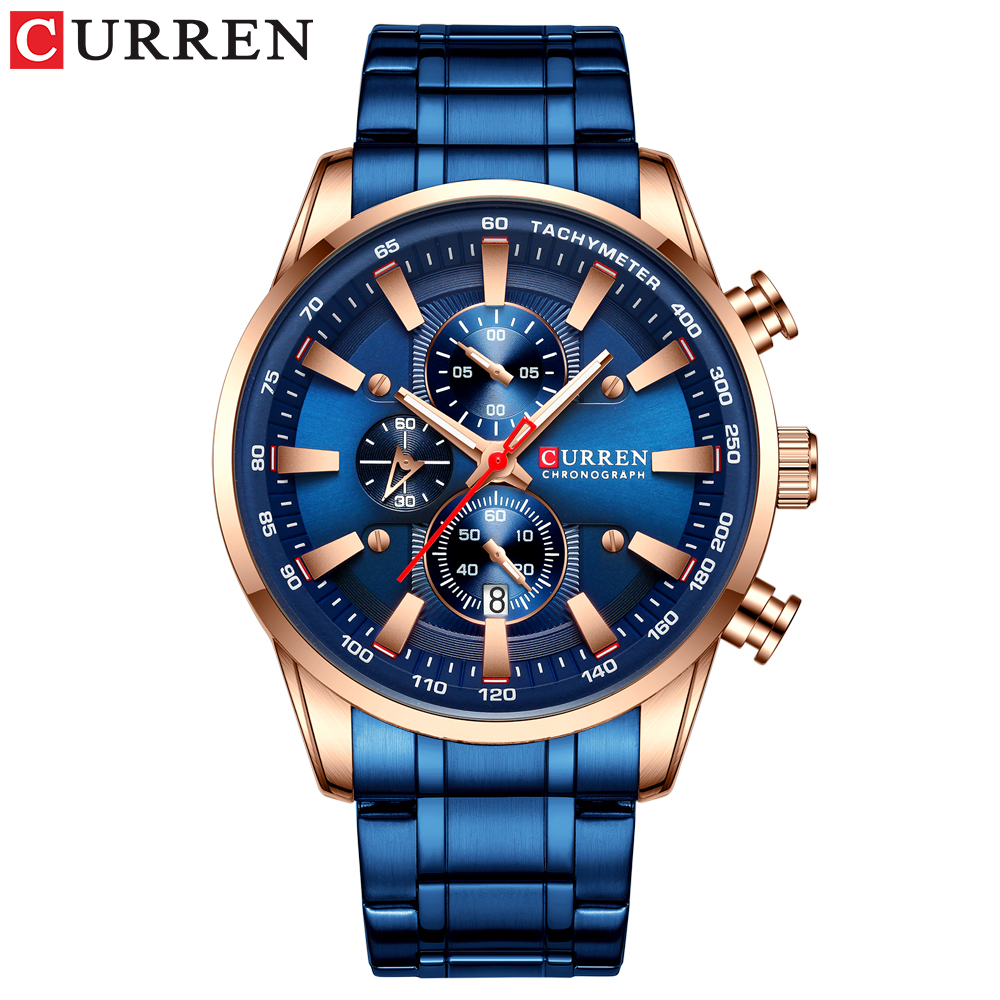 Mens Luxury Blue Dial Chronograph Stainless Steel Watch blue
