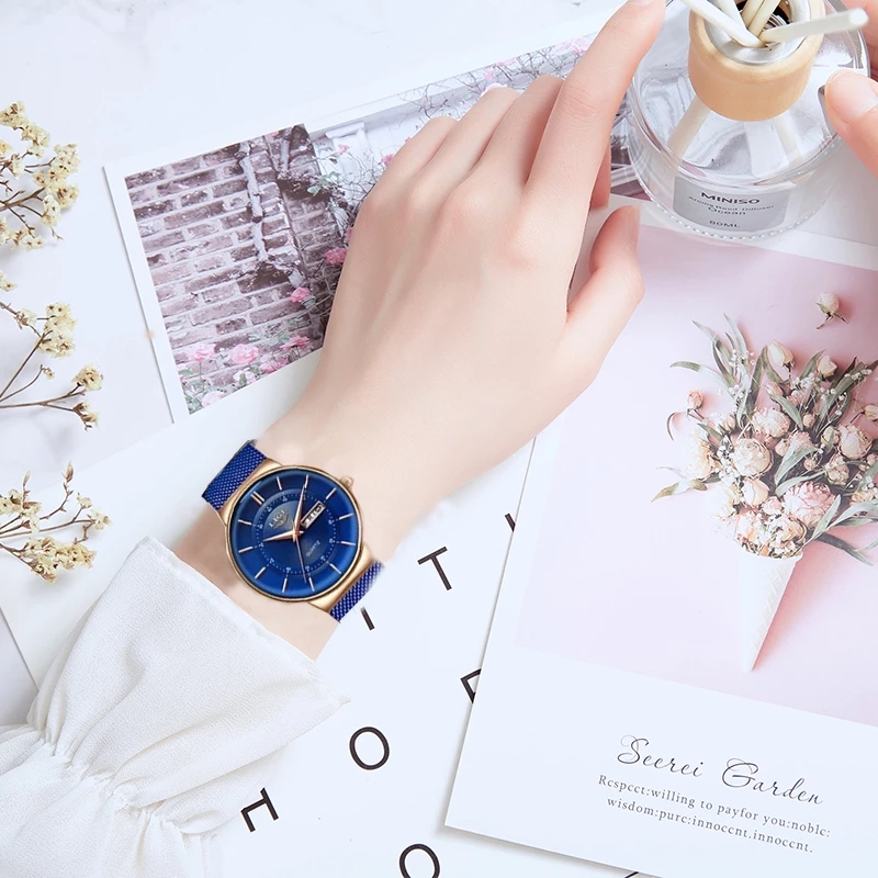 Vintage Stainless Steel Women Quartz Watch Japanese Movement Fashion Waterproof Wristwatch blue