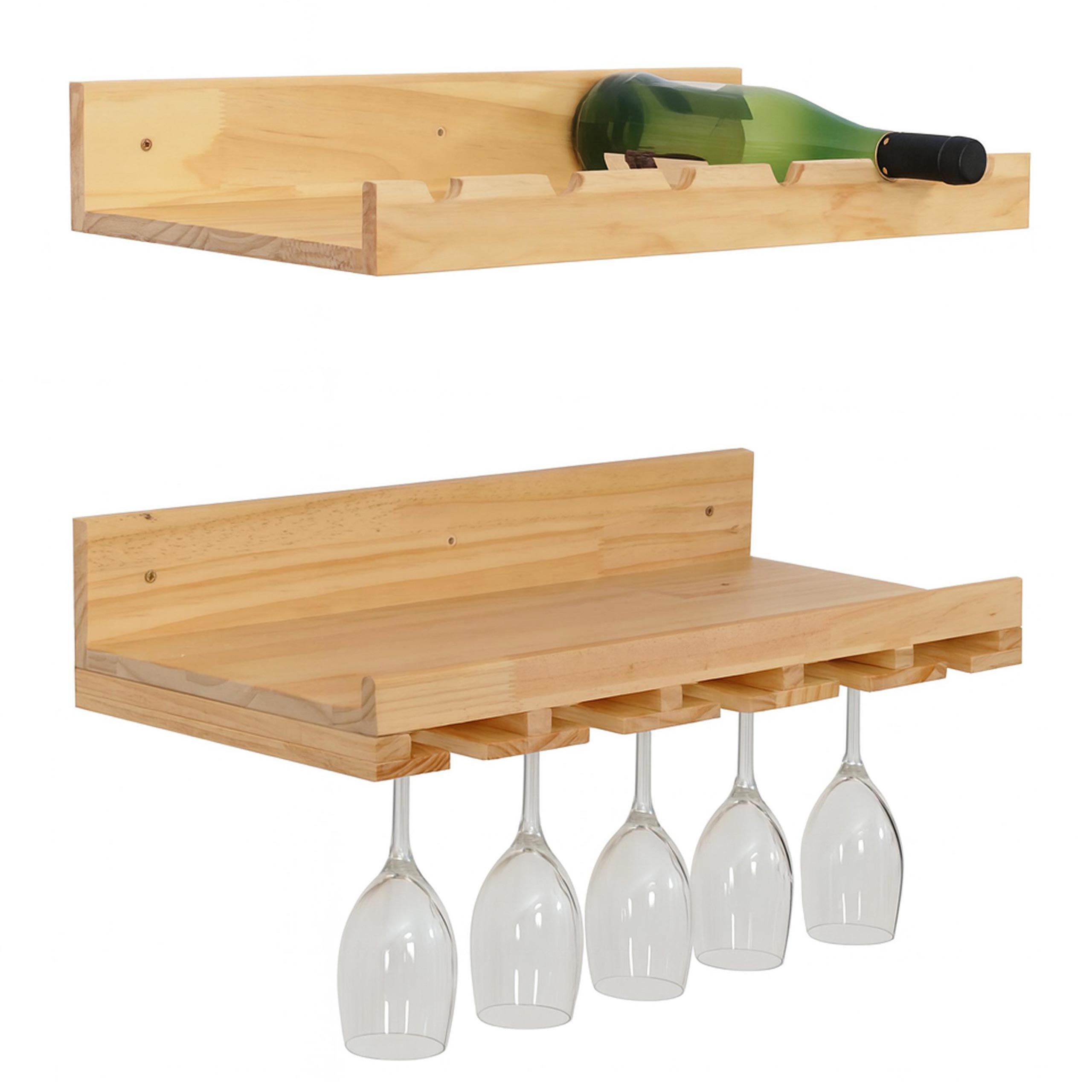 2er-Set Weinregal HWC-P22, Glas-/Flaschenhalter Wandbar für 6 Flaschen/15 Gläser Holz FSC®-zertifiziert 61x28cm ~ natur