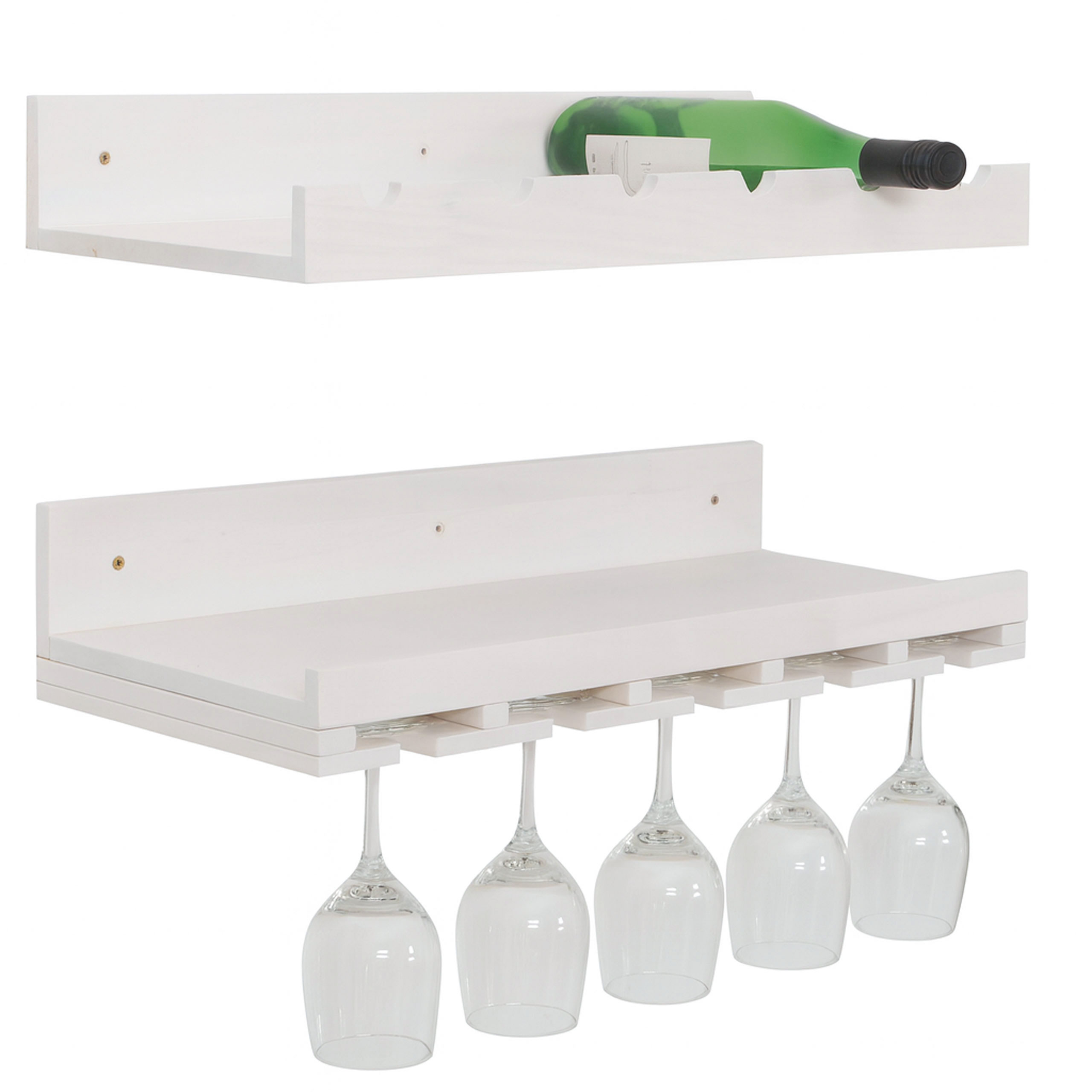 2er-Set Weinregal HWC-P22, Glas-/Flaschenhalter Wandbar für 6 Flaschen/15 Gläser Holz FSC®-zertifiziert 61x28cm ~ weiß