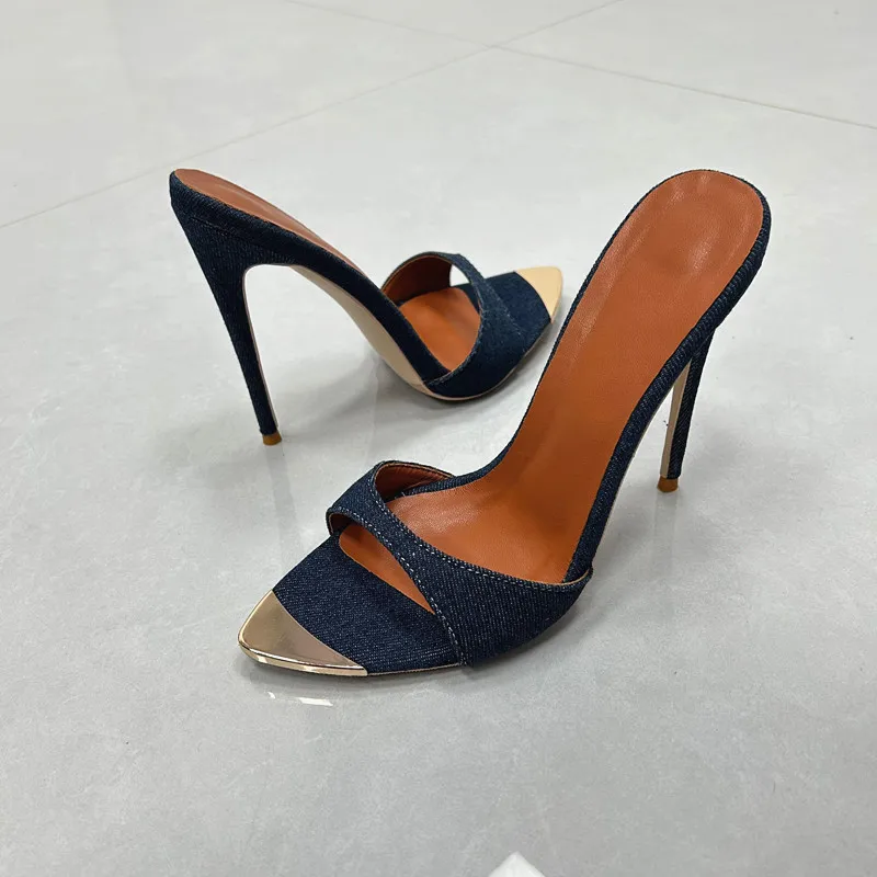 Denim Frauen Hausschuhe Metall Dekoration Spitz Maultiere Schuhe Frauen Super-high Heel Gladiator Sandalen Sexy Luxus frauen Schuhe