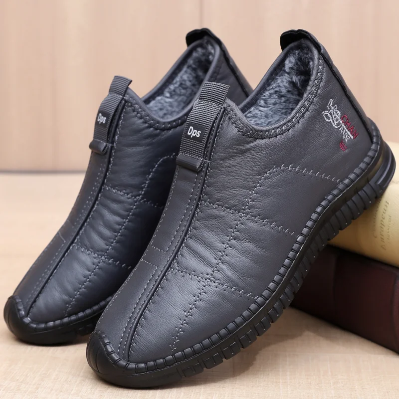 Herren-Winterschuhe aus Leder, Freizeitmodelle, Herrenschuhe, Slip-on-Modell, mit Fleece gefüttert, hoher Schaft, rutschfeste Gummisohle, warme Winterschuhe.