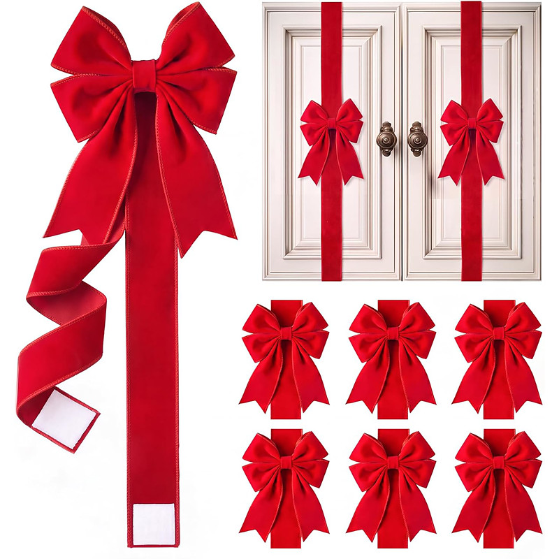 6 Pcs Red Velvet Christmas Cabinet Bows Ribbons for Kitchen 78.7 Inch Large Christmas Cabinet Door Gift - Wrap Decoration for Xmas Holiday Furniture Bows Decor Party Decorations