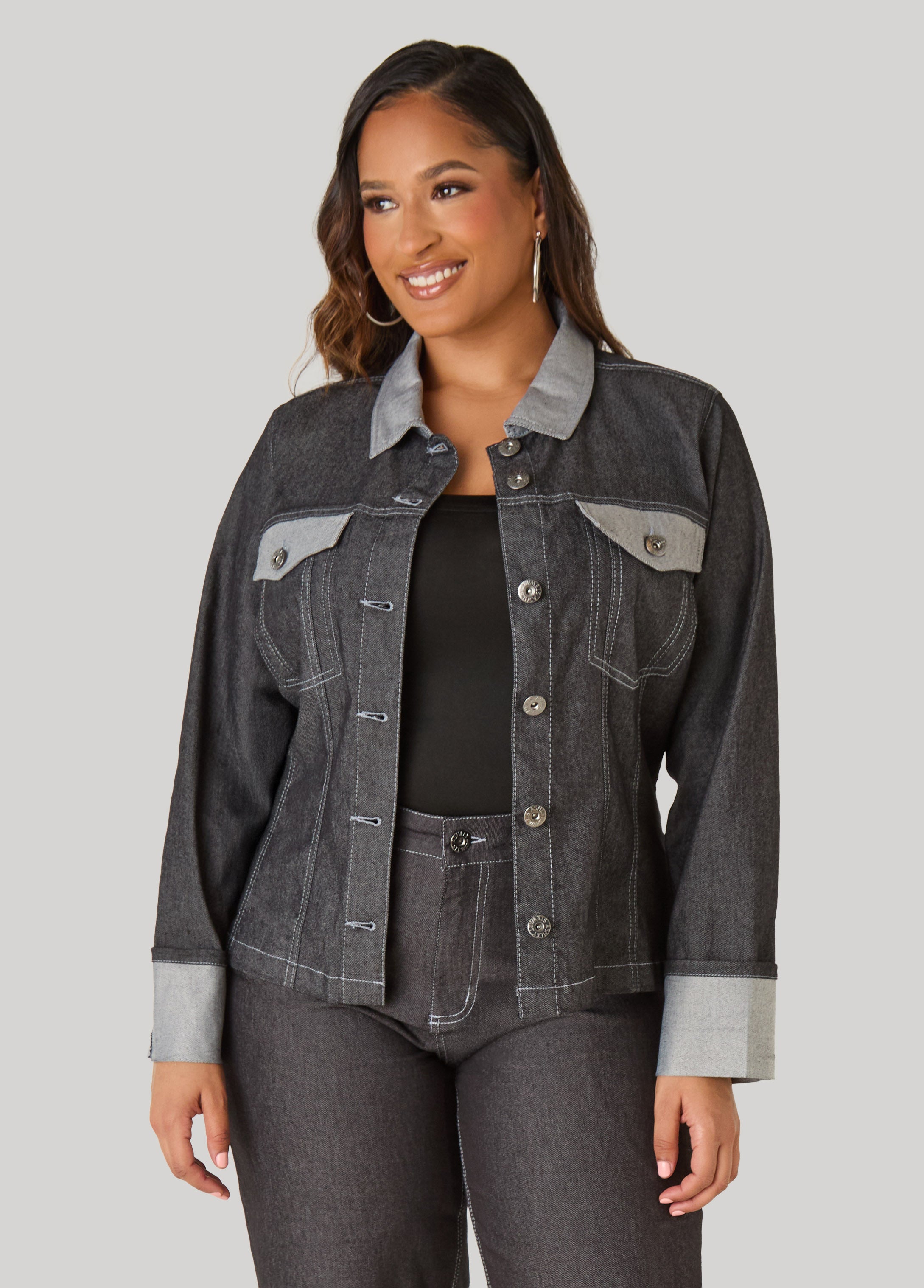 Plus Size Cuffed Two Tone Denim Jacket